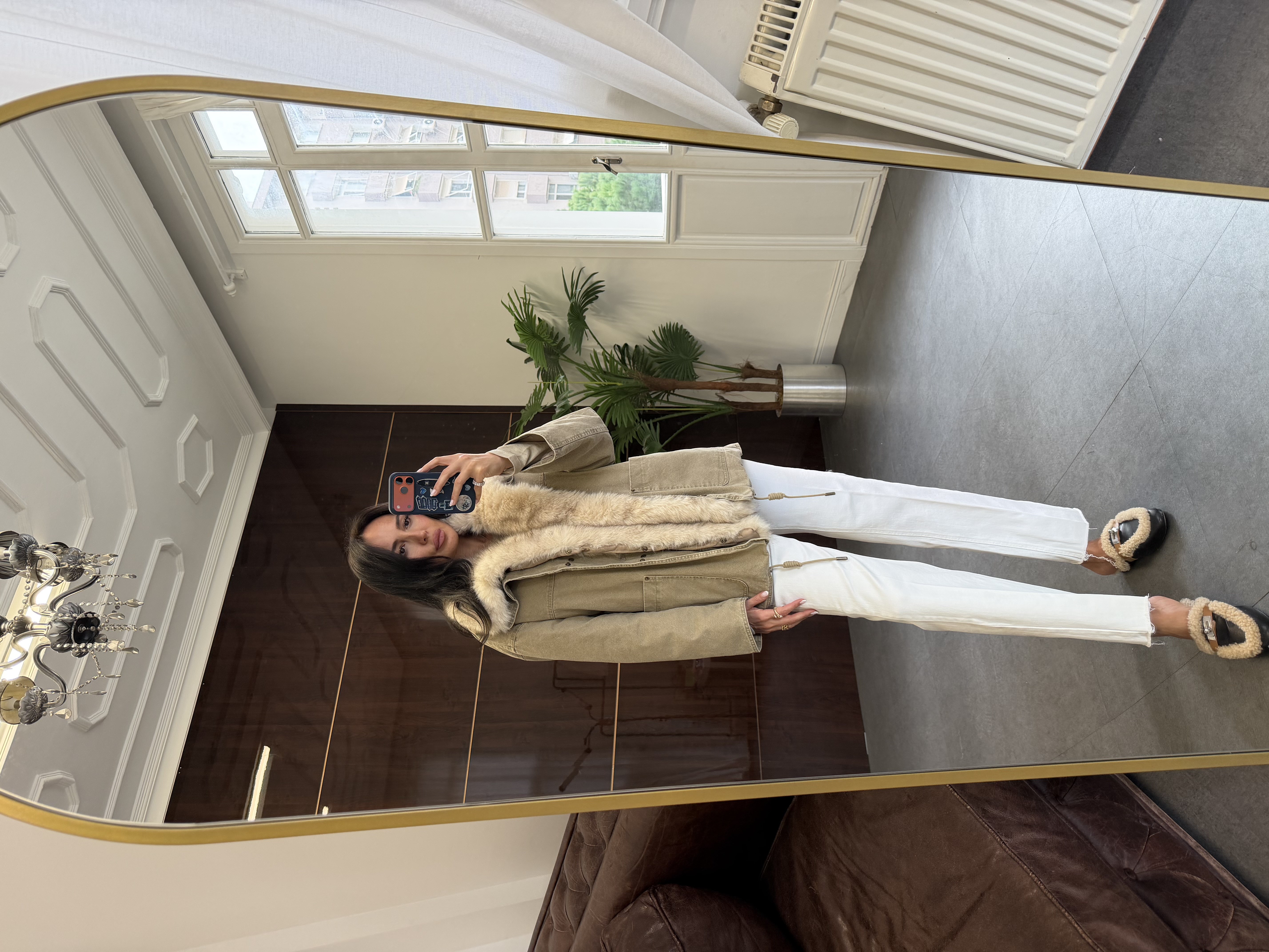 Bej Oversize Kürk Garnili Mont