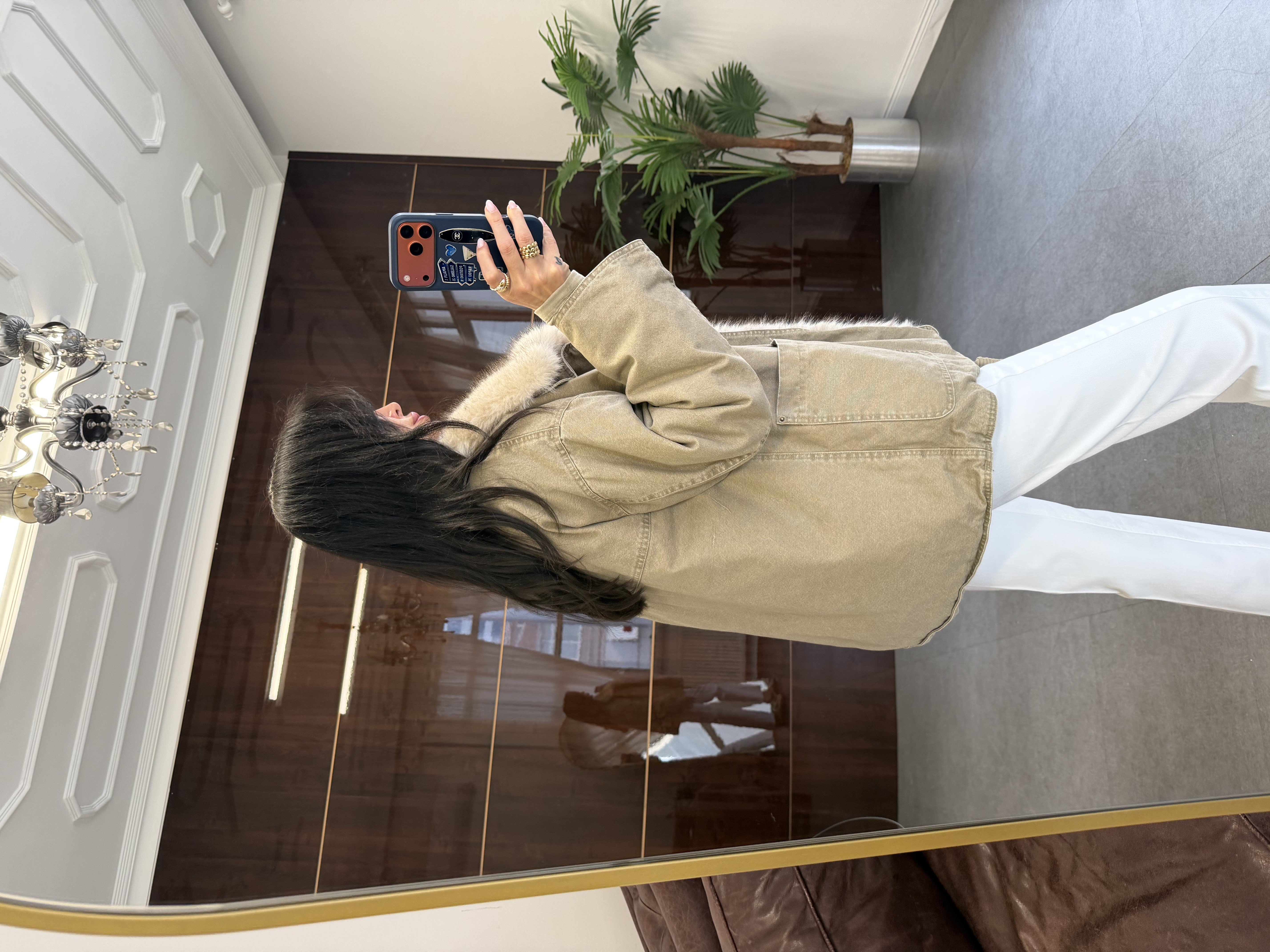 Bej Oversize Kürk Garnili Mont