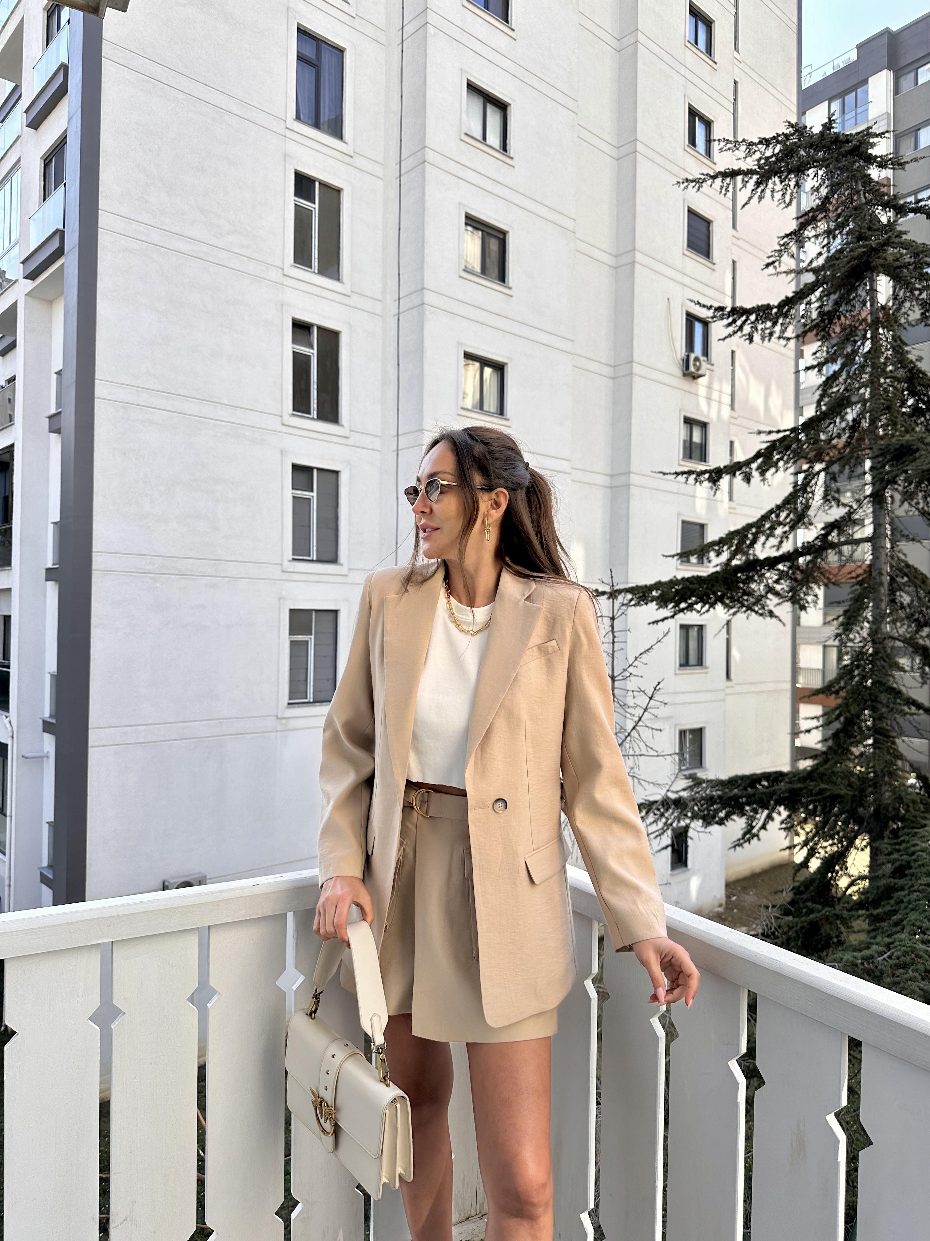 Bej Tencel Kumaş Ceket Şort Takım
