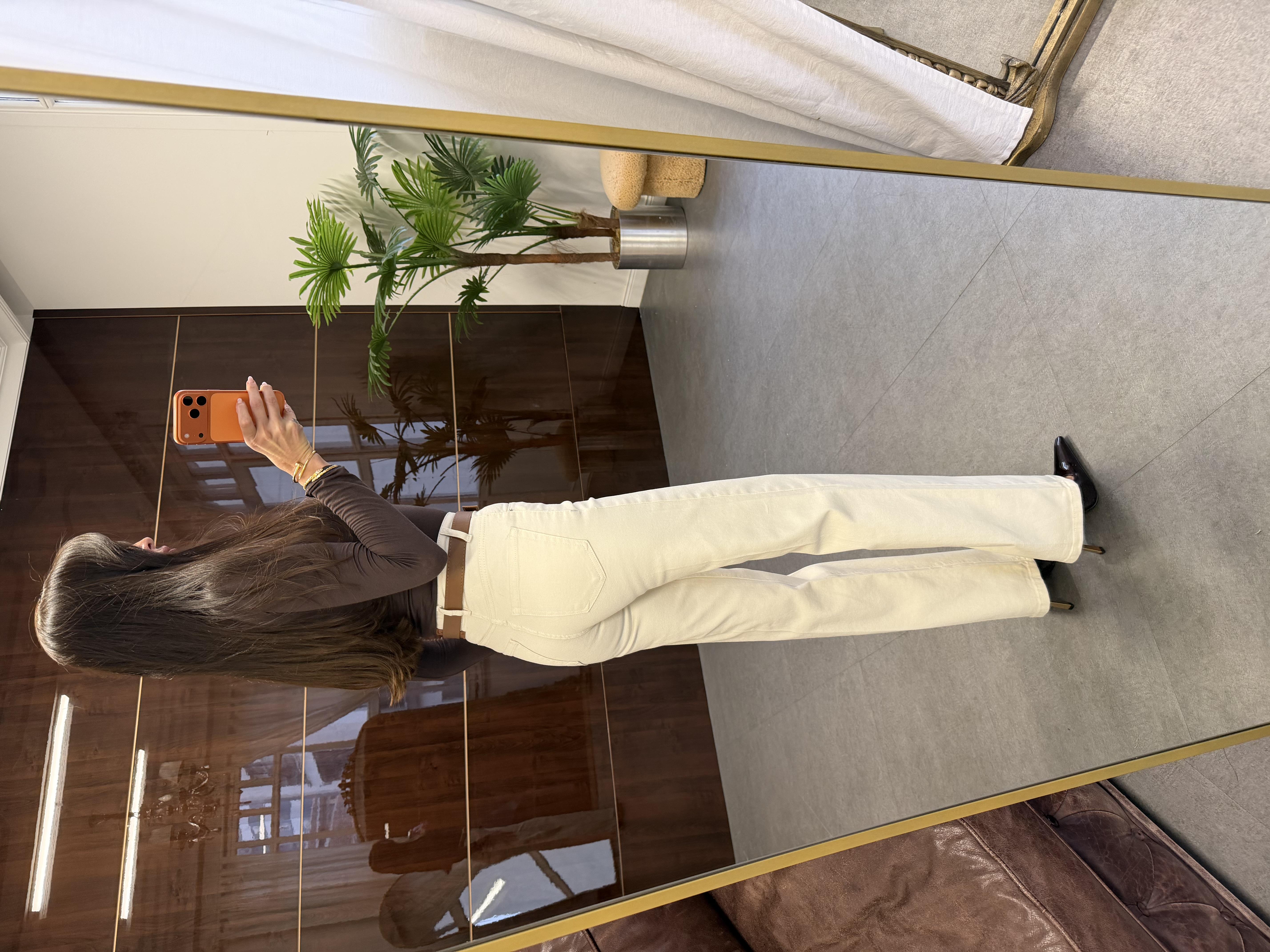 Bej Yüksek Bel Kemerli Wide Leg Pantolon