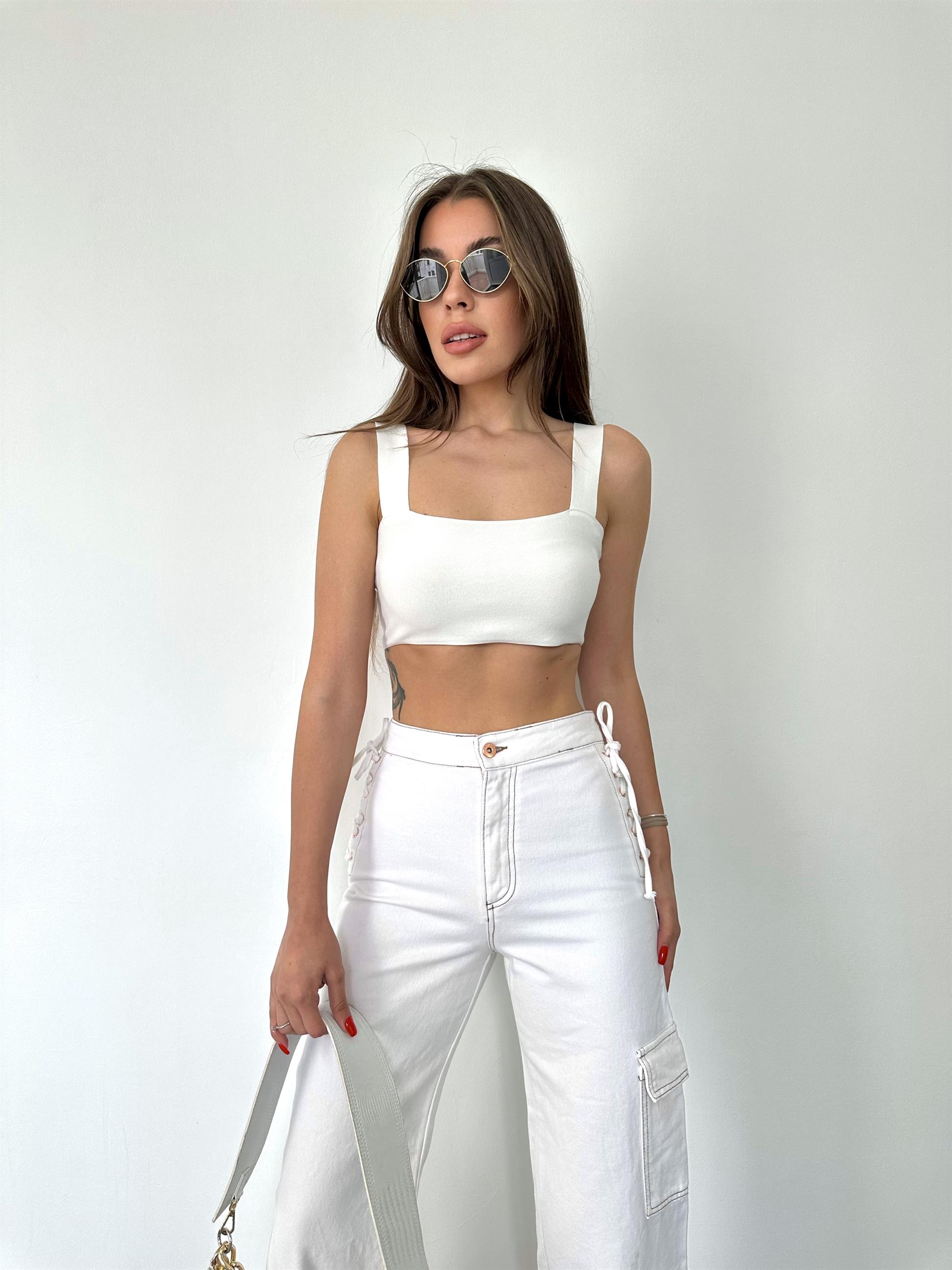 Beyaz Askılı Crop Bluz
