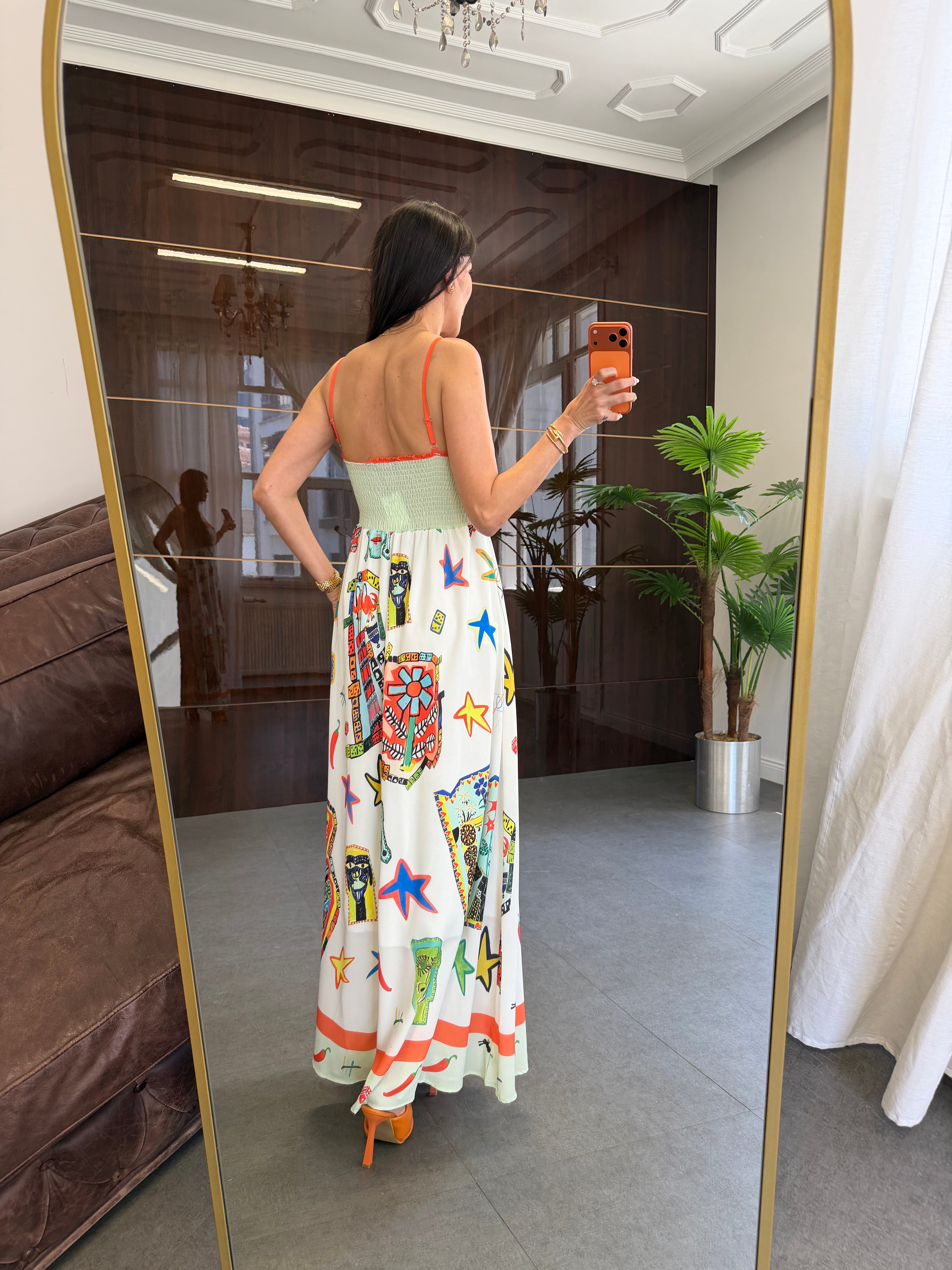 Beyaz Askılı Karışık Desenli Elbise