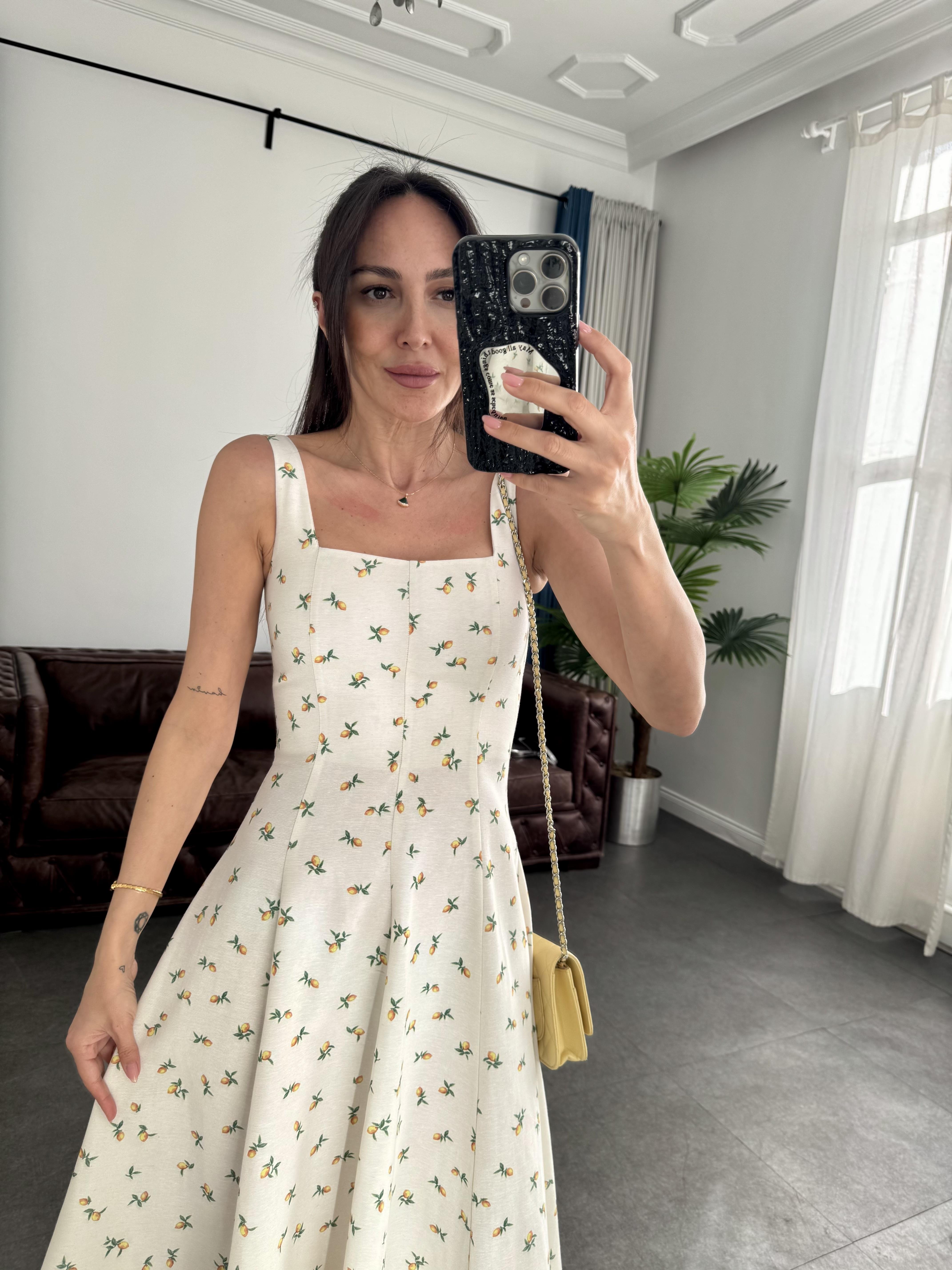 Beyaz Limon Desenli Midi Elbise