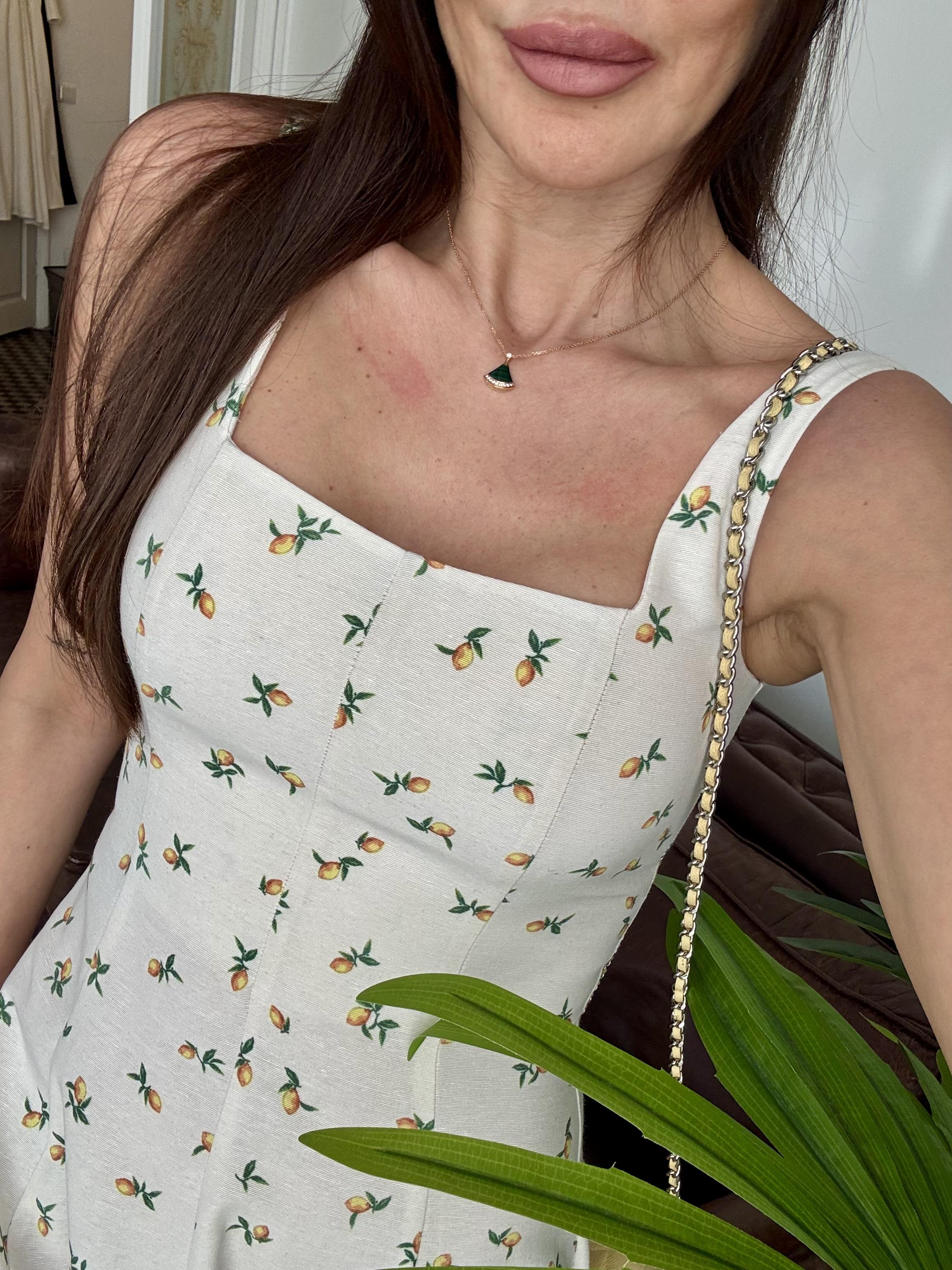 Beyaz Limon Desenli Midi Elbise