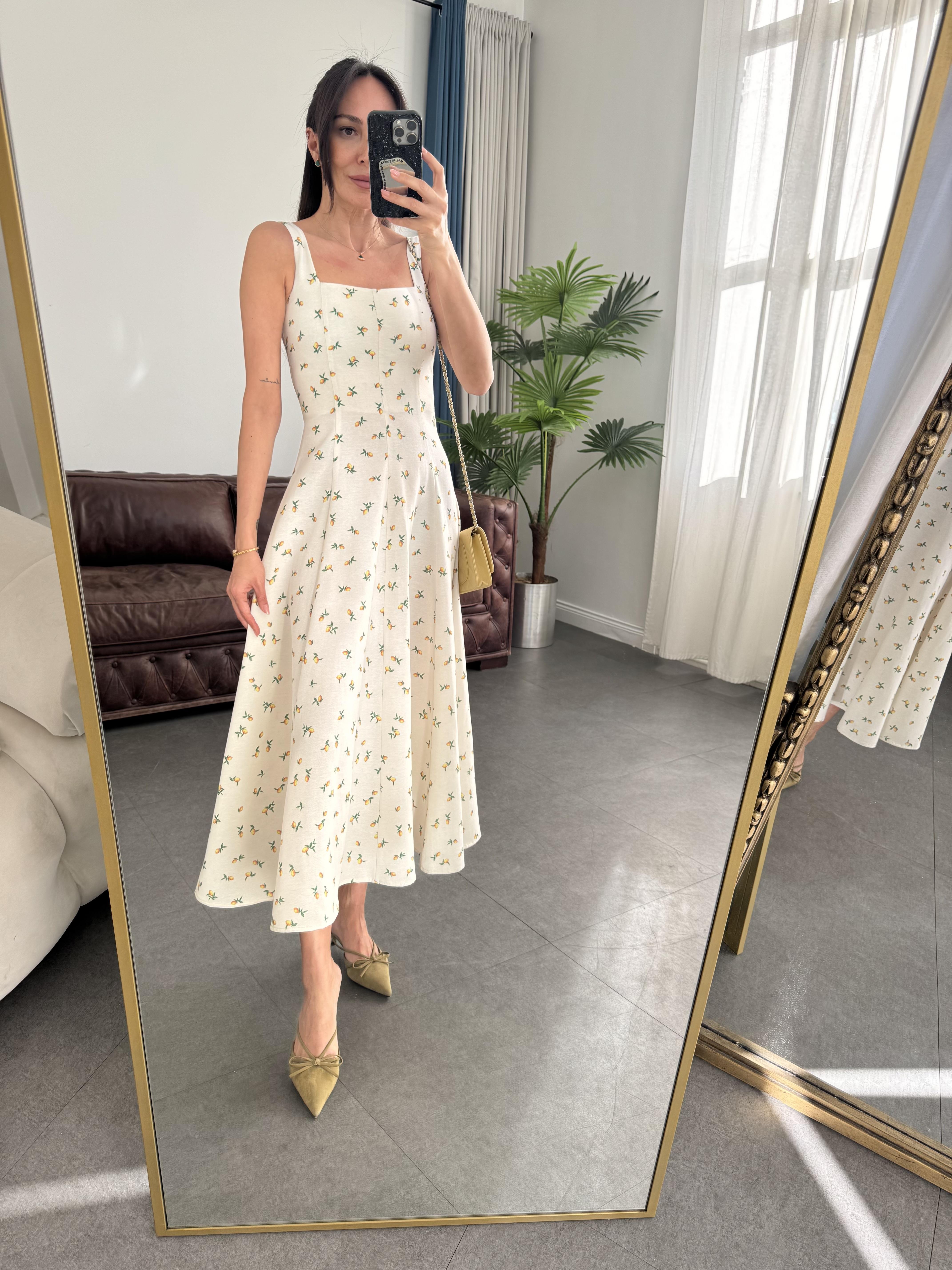 Beyaz Limon Desenli Midi Elbise