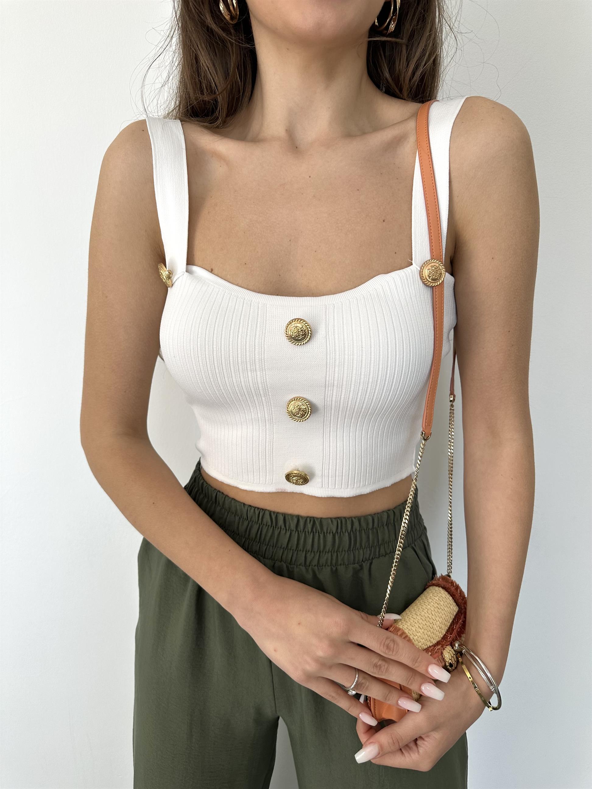 Beyaz Düğmeli Crop Bluz