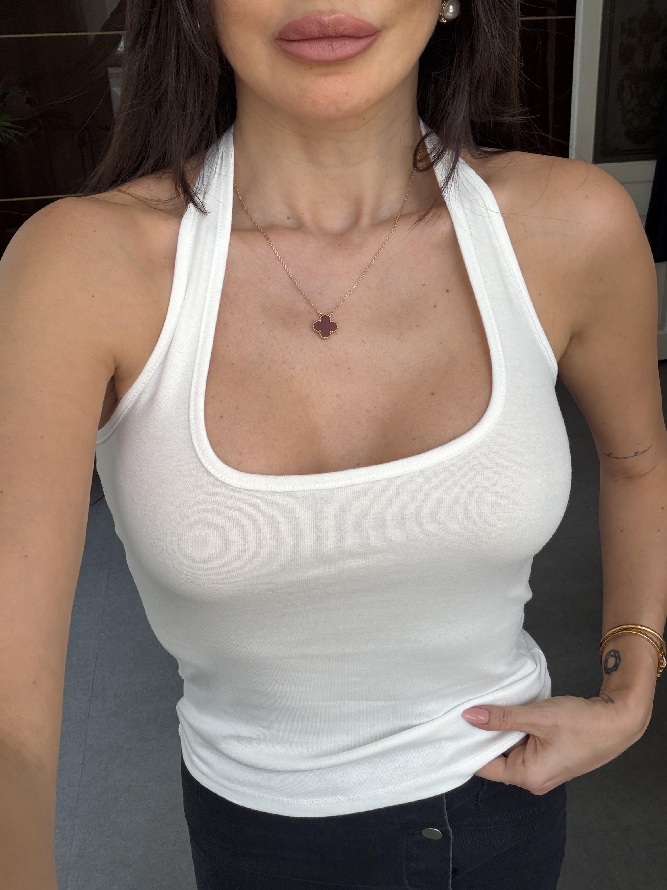 Beyaz Halter Kesim Fitted Bluz