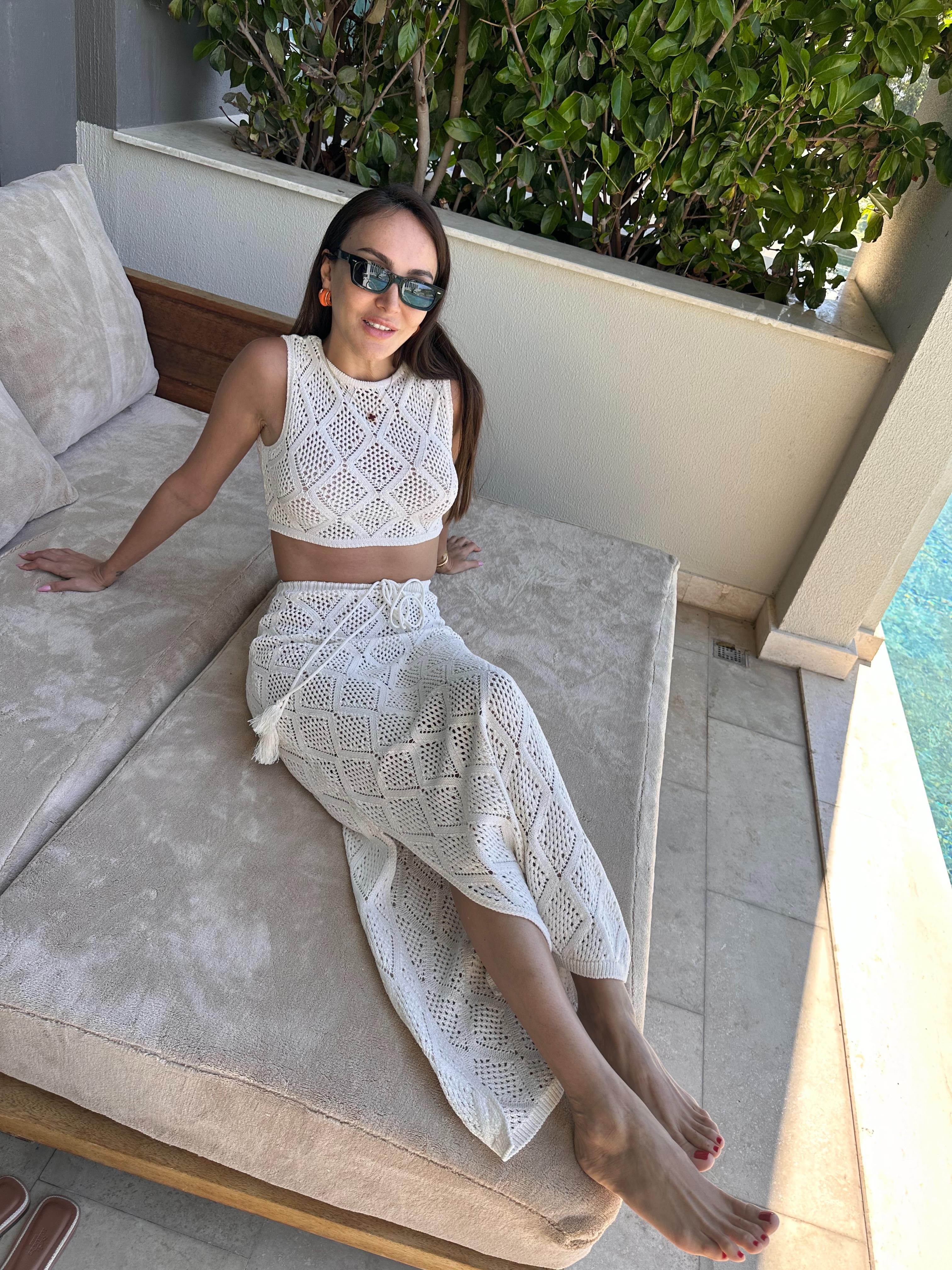 Beyaz Merserize Crop Etek Takım