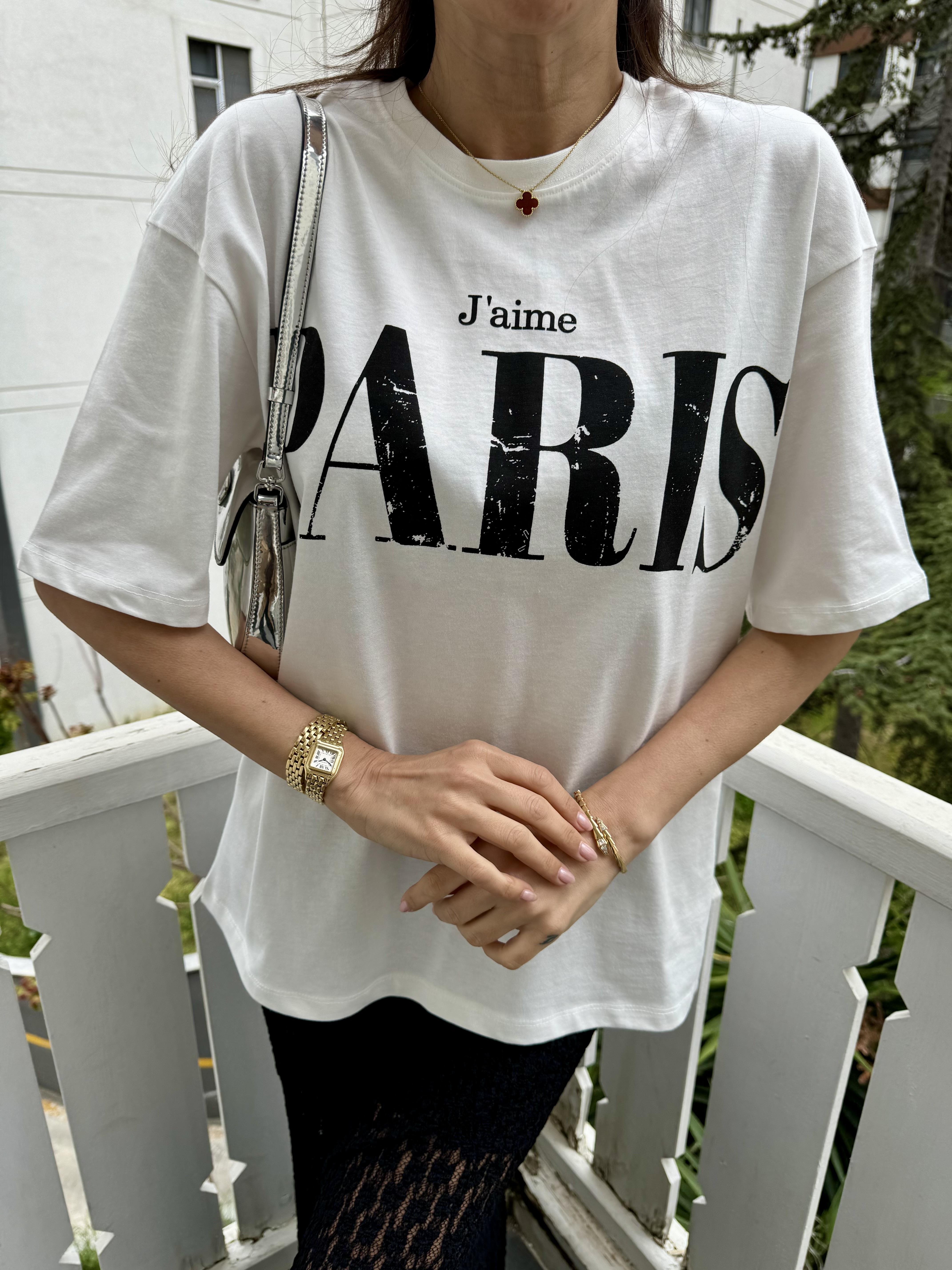 Beyaz Paris Yazılı Tişört