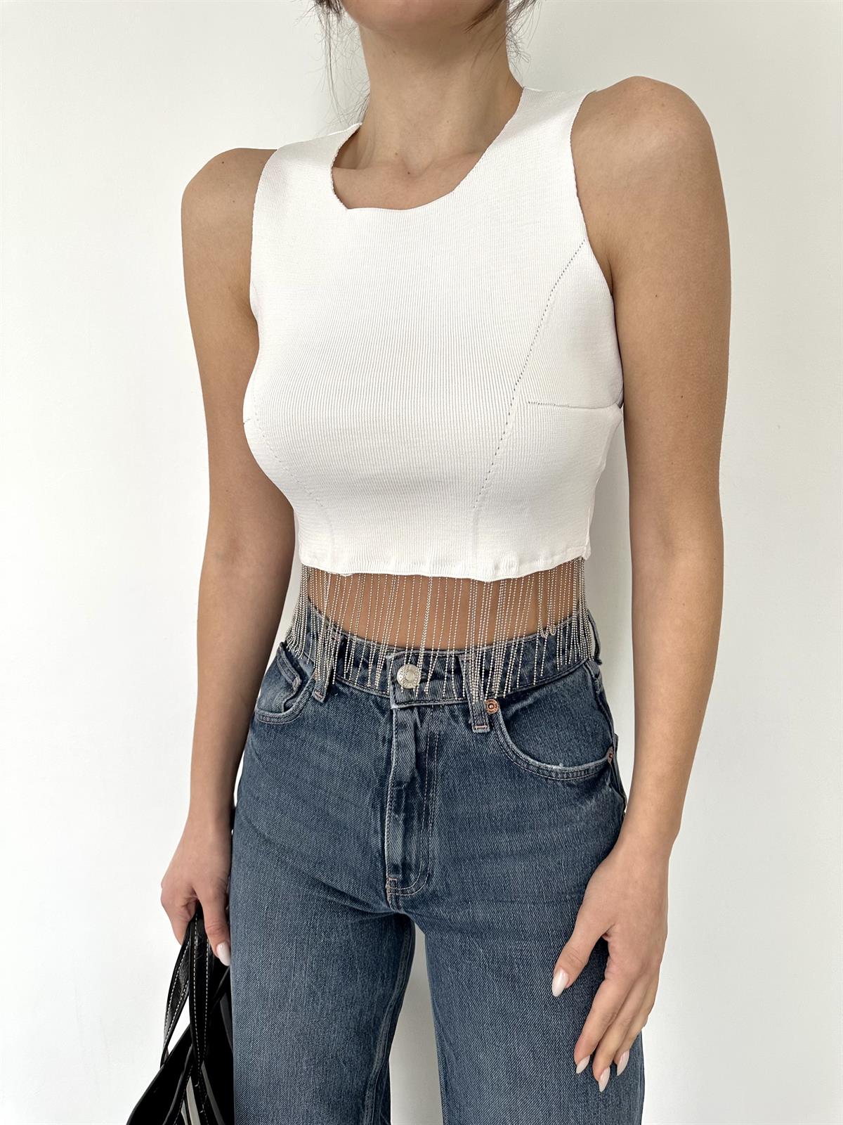 Beyaz Triko Crop Kolsuz  Bluz