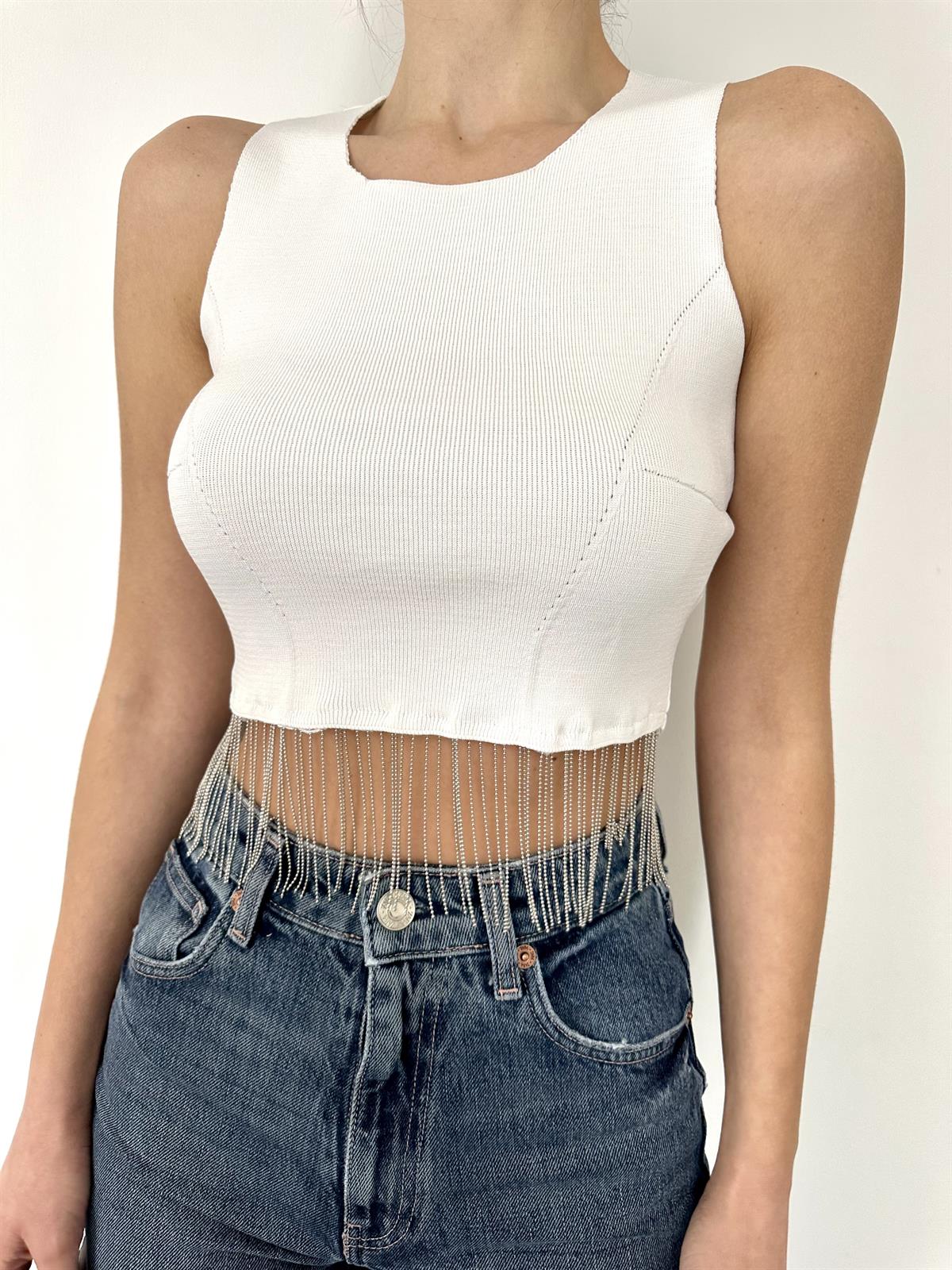 Beyaz Triko Crop Kolsuz  Bluz