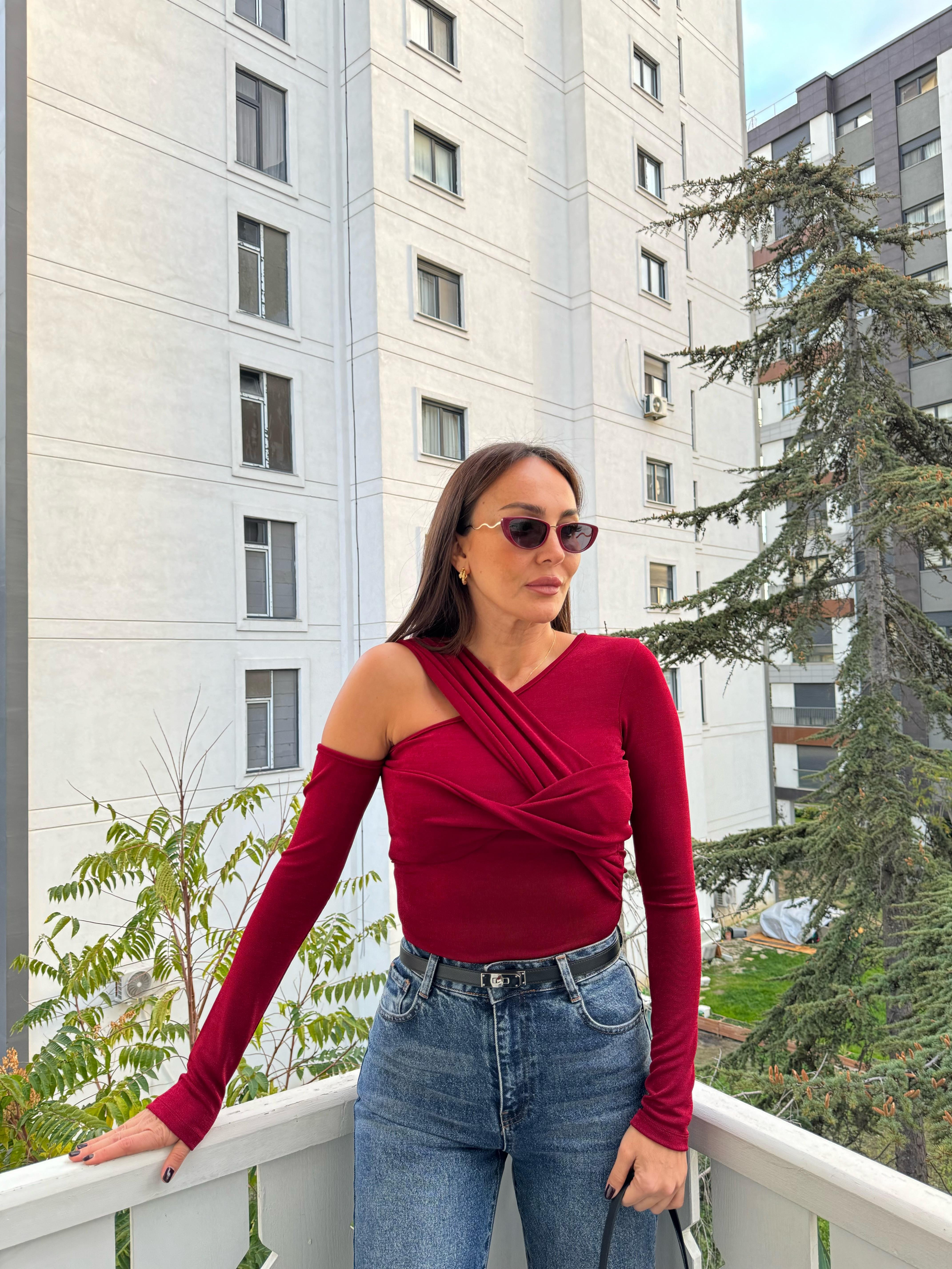 Bordo Asimetrik Buzzy Kumaş Bluz