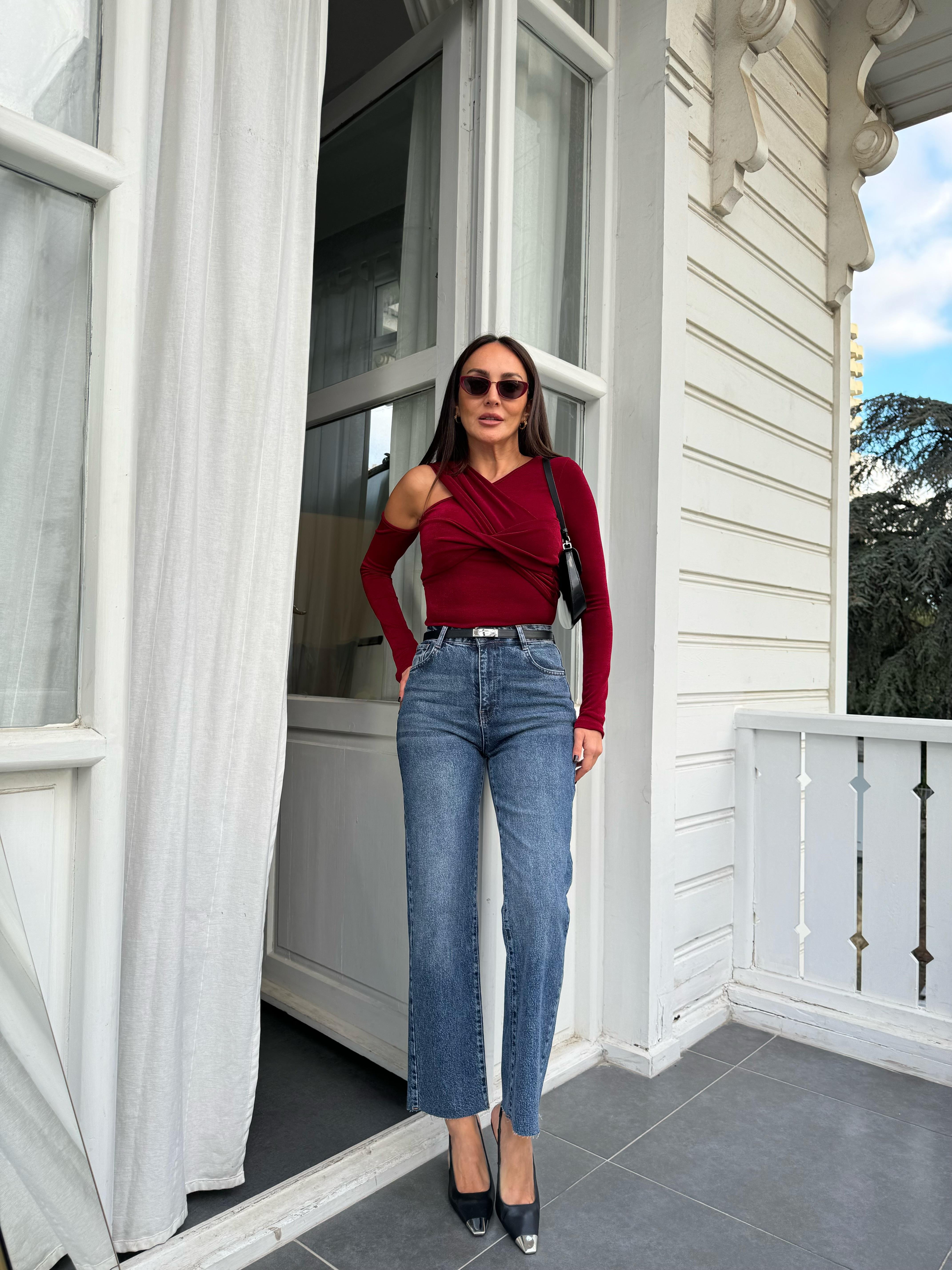 Bordo Asimetrik Buzzy Kumaş Bluz