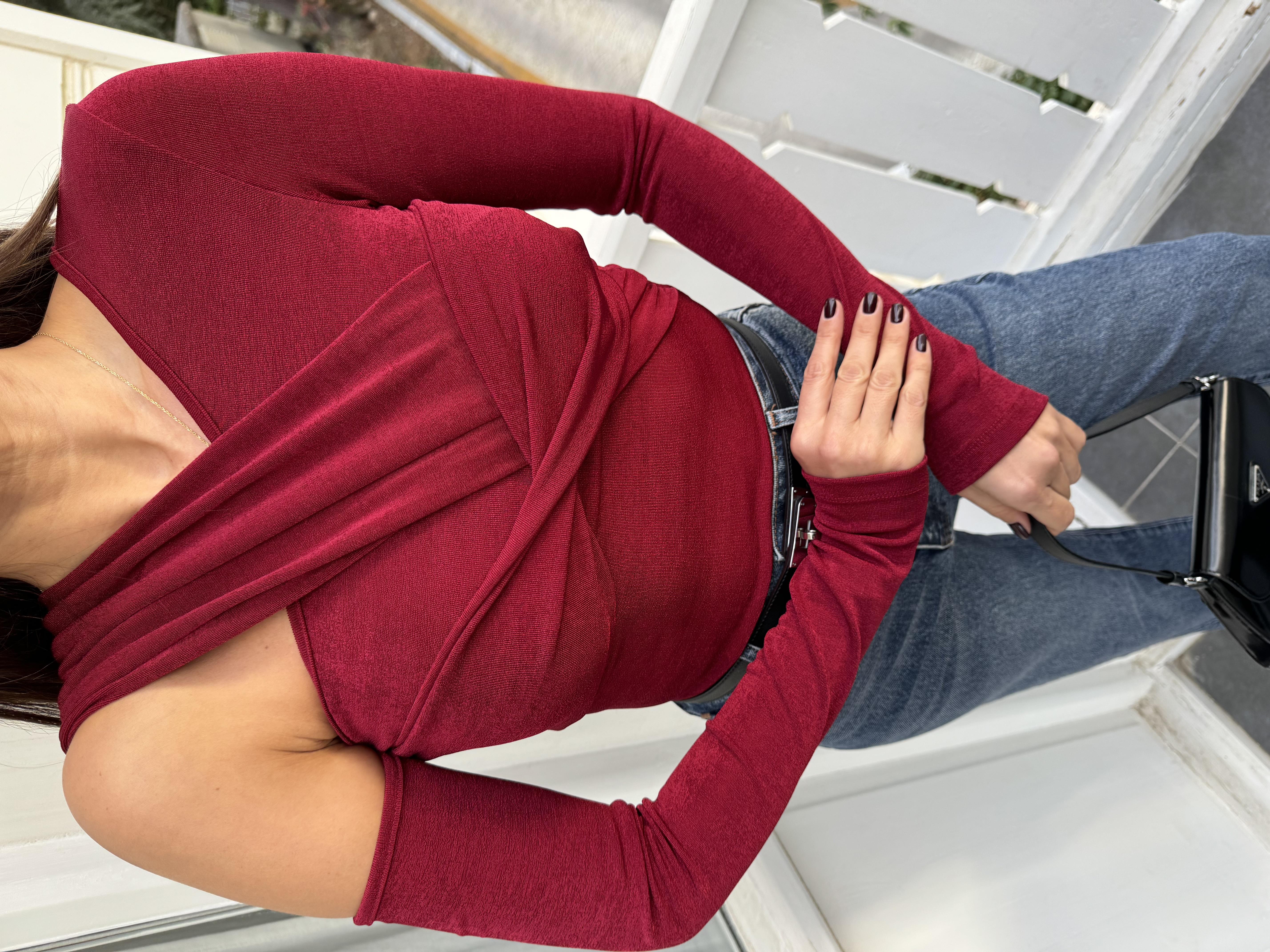 Bordo Asimetrik Buzzy Kumaş Bluz