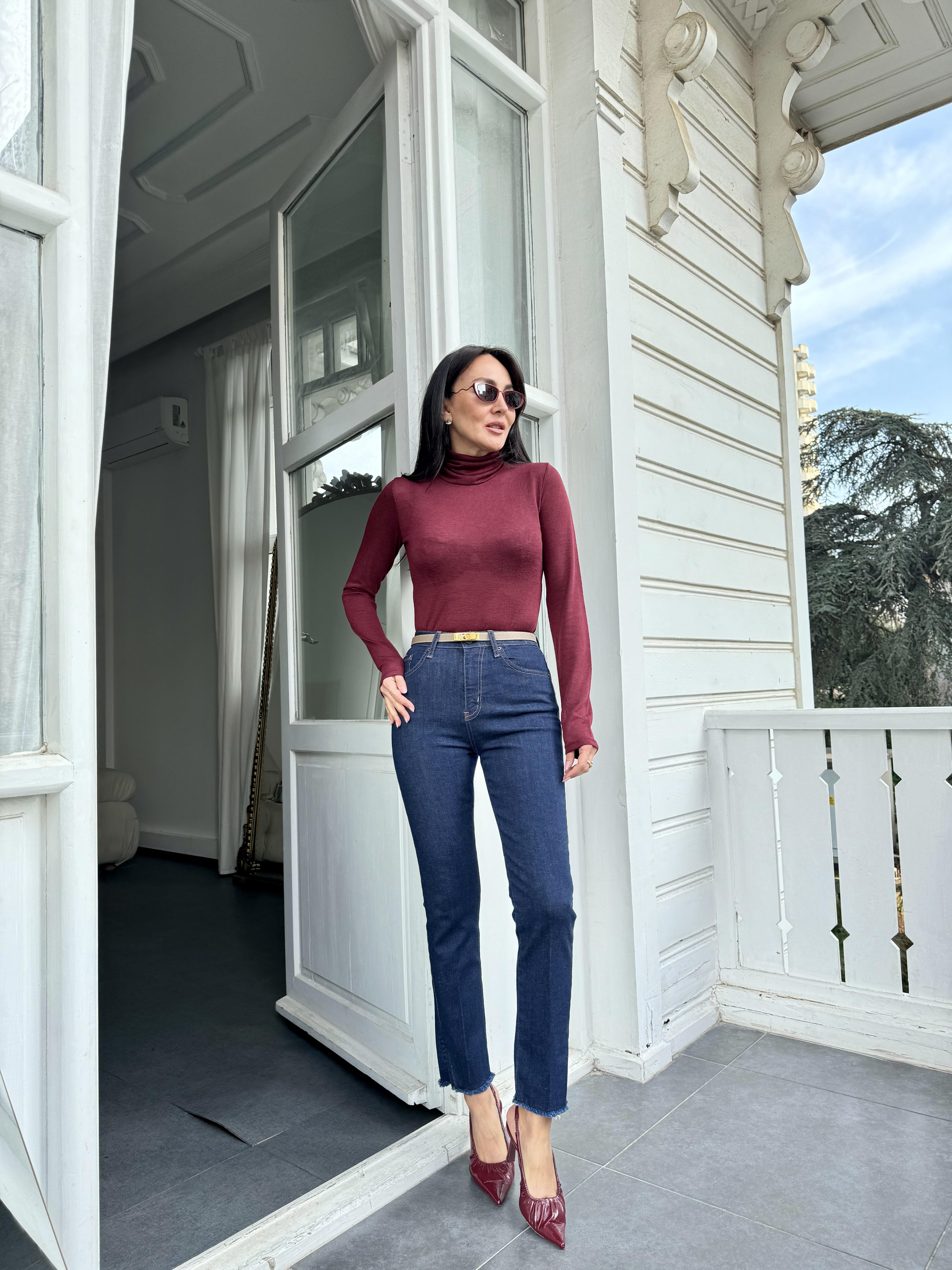 Bordo Balıkçı Yaka Yarı Transparan Bluz