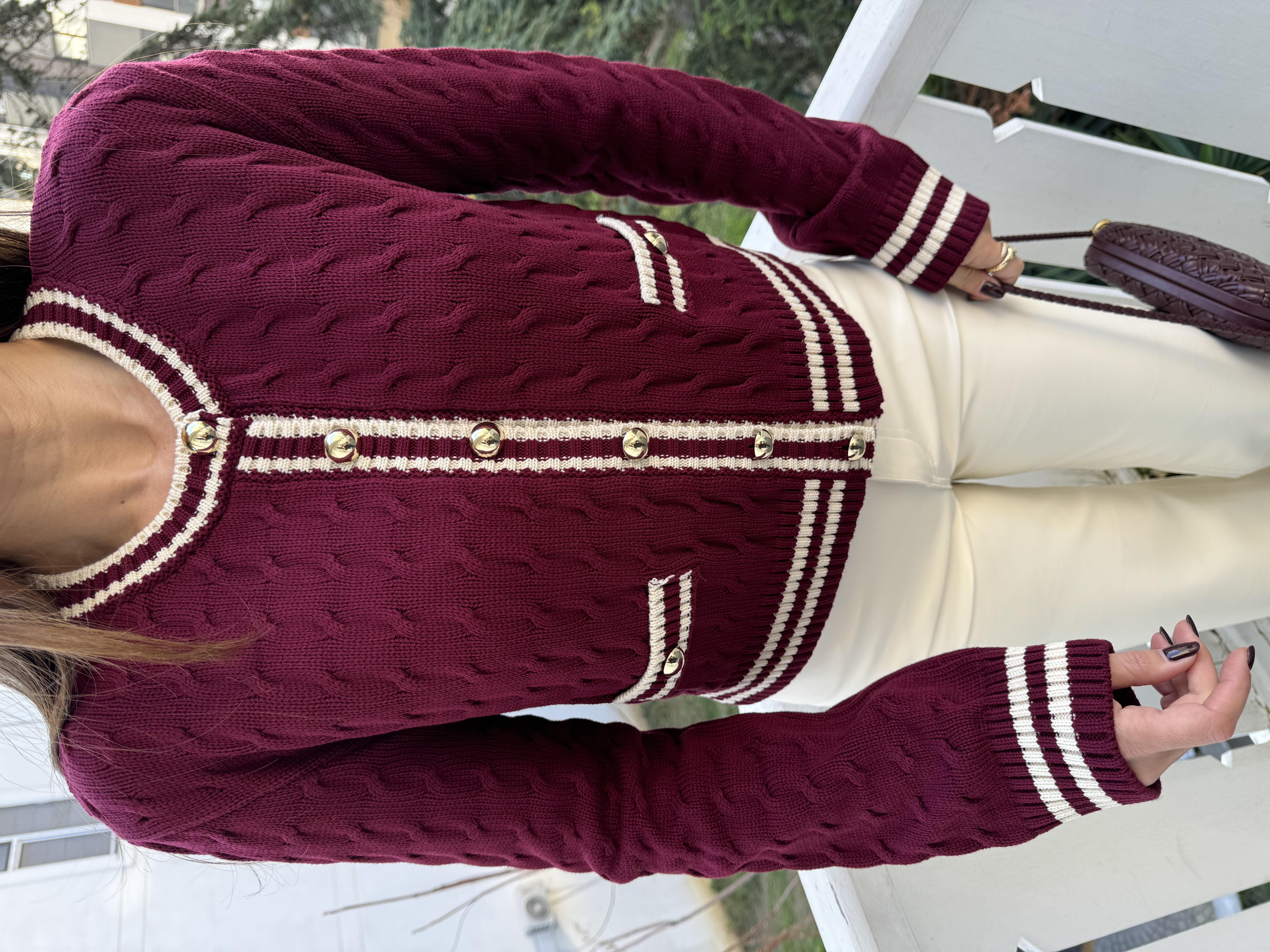 Bordo Bisiklet Yaka Çizgili Düğmeli Triko Hırka