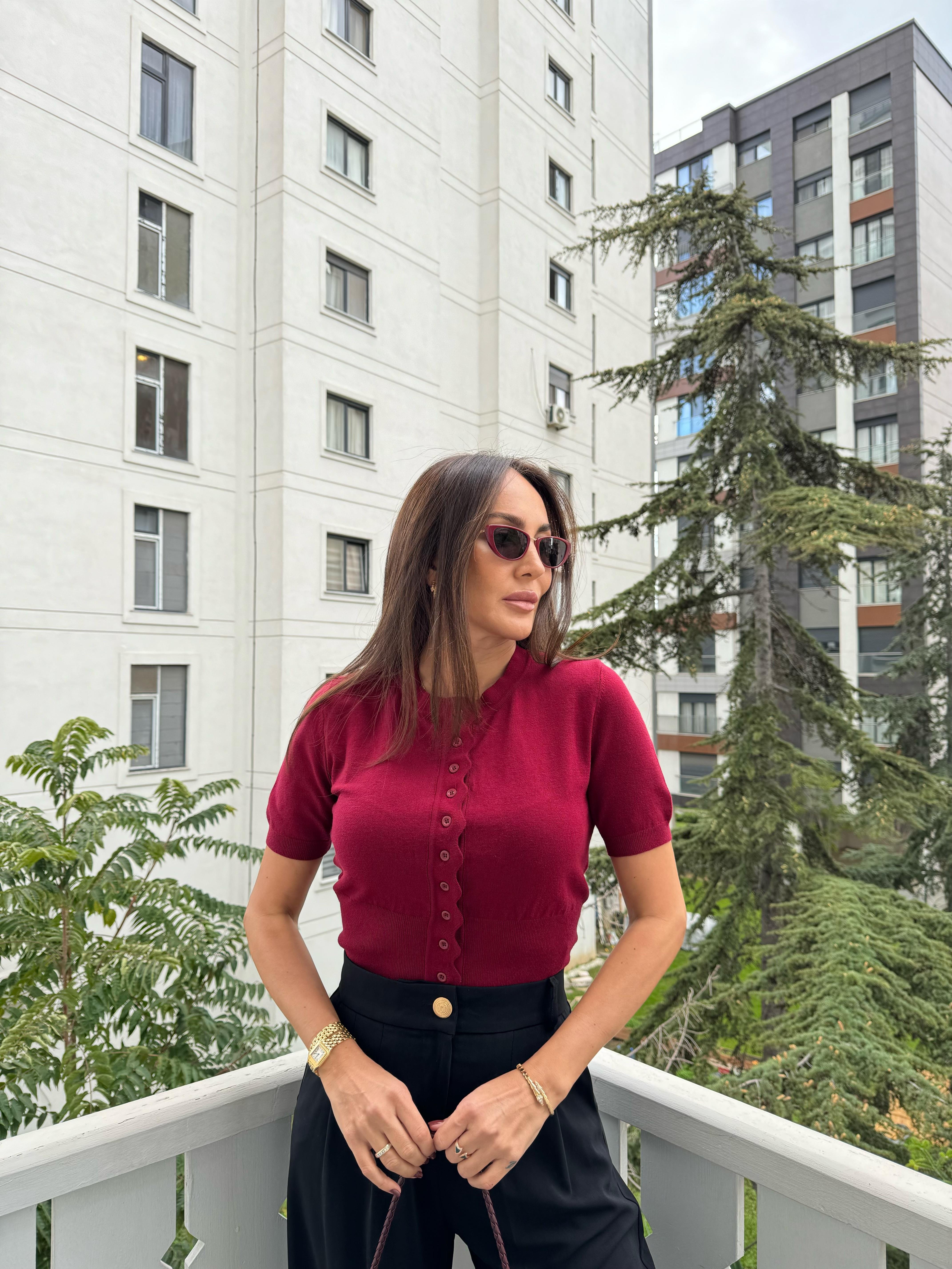 Bordo Bisiklet Yaka Düğmeli Triko Hırka