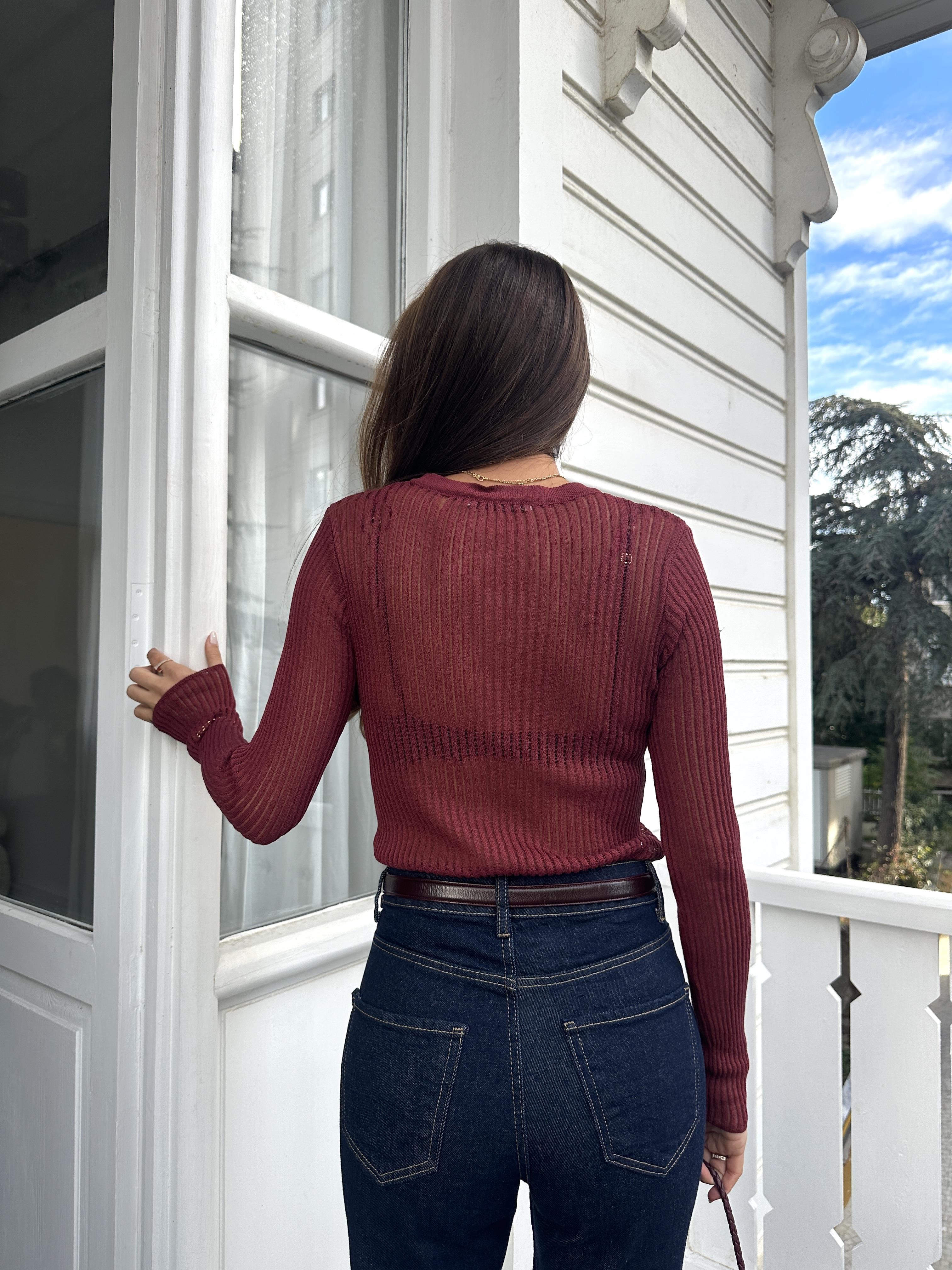 Bordo Bisiklet Yaka Transparan Triko
