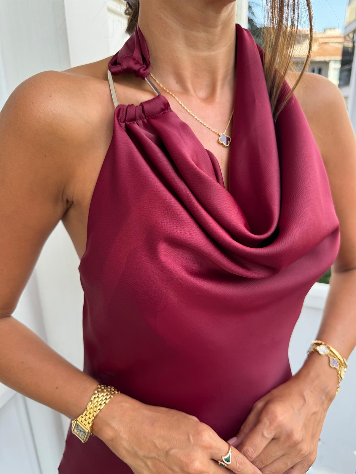 Bordo Boyundan Bağlamalı Saten Kadın Elbise