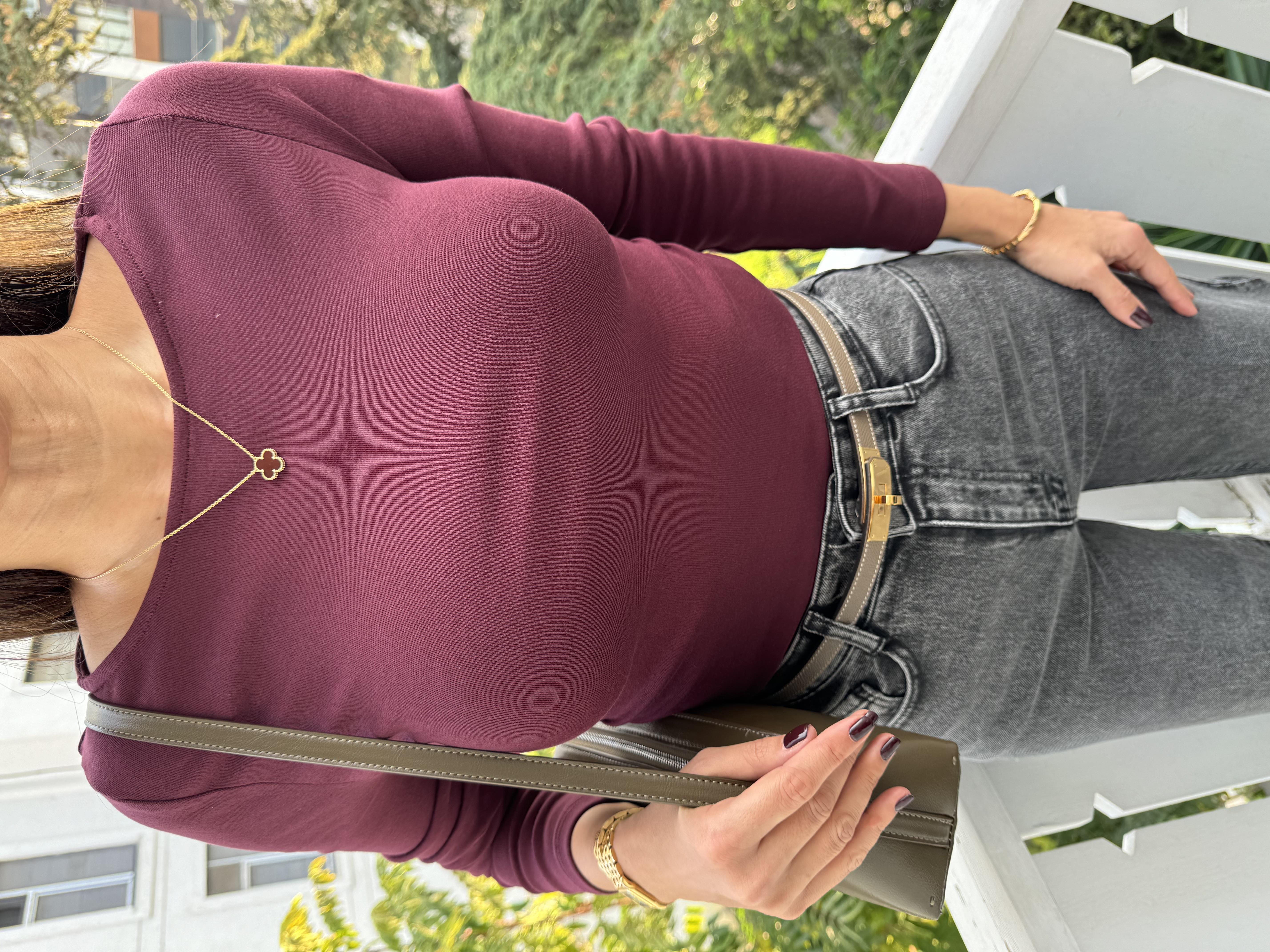 Bordo Büzgülü Kayık Yaka Bluz