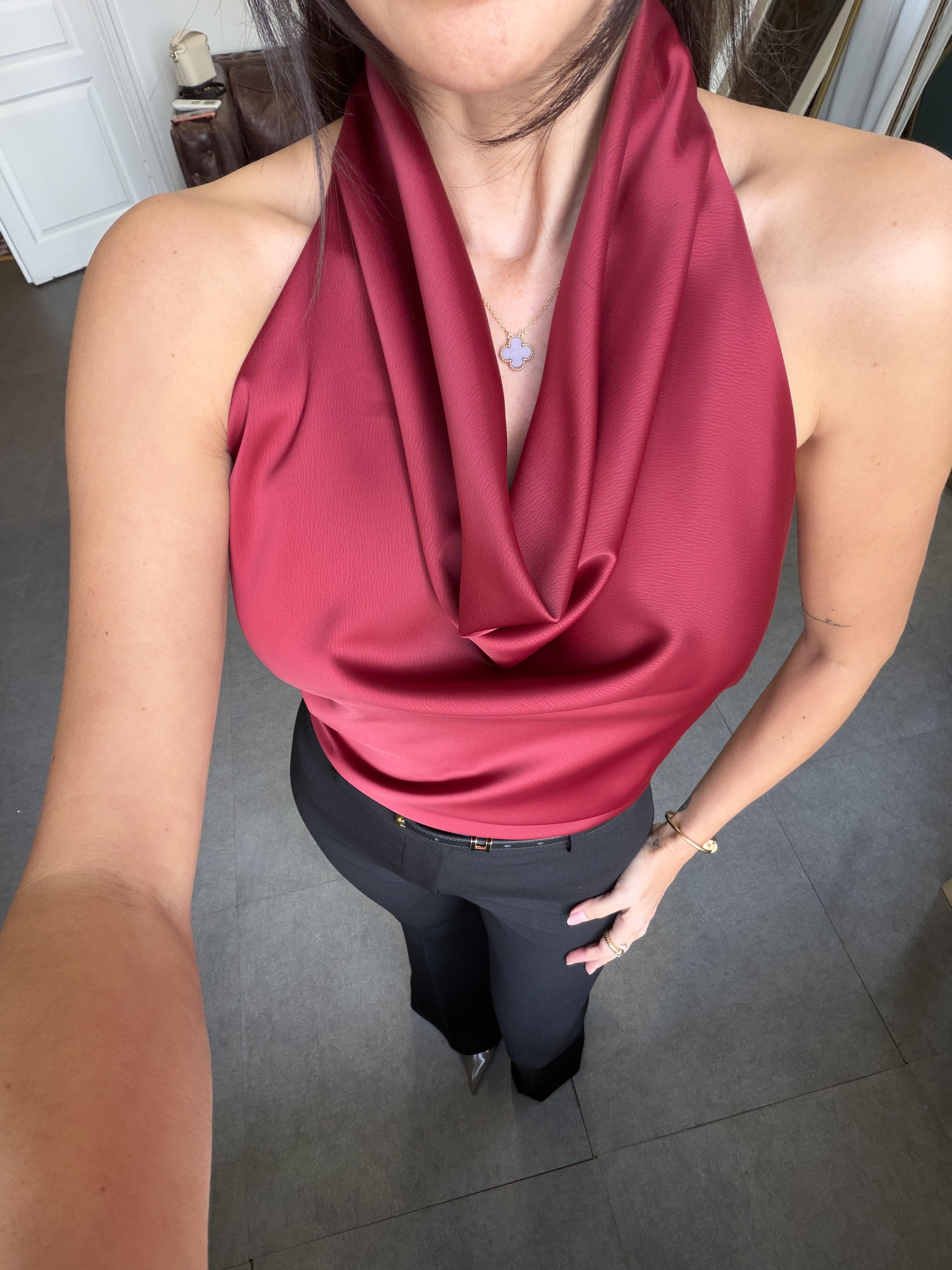 Bordo Degaje Yaka Saten Bluz