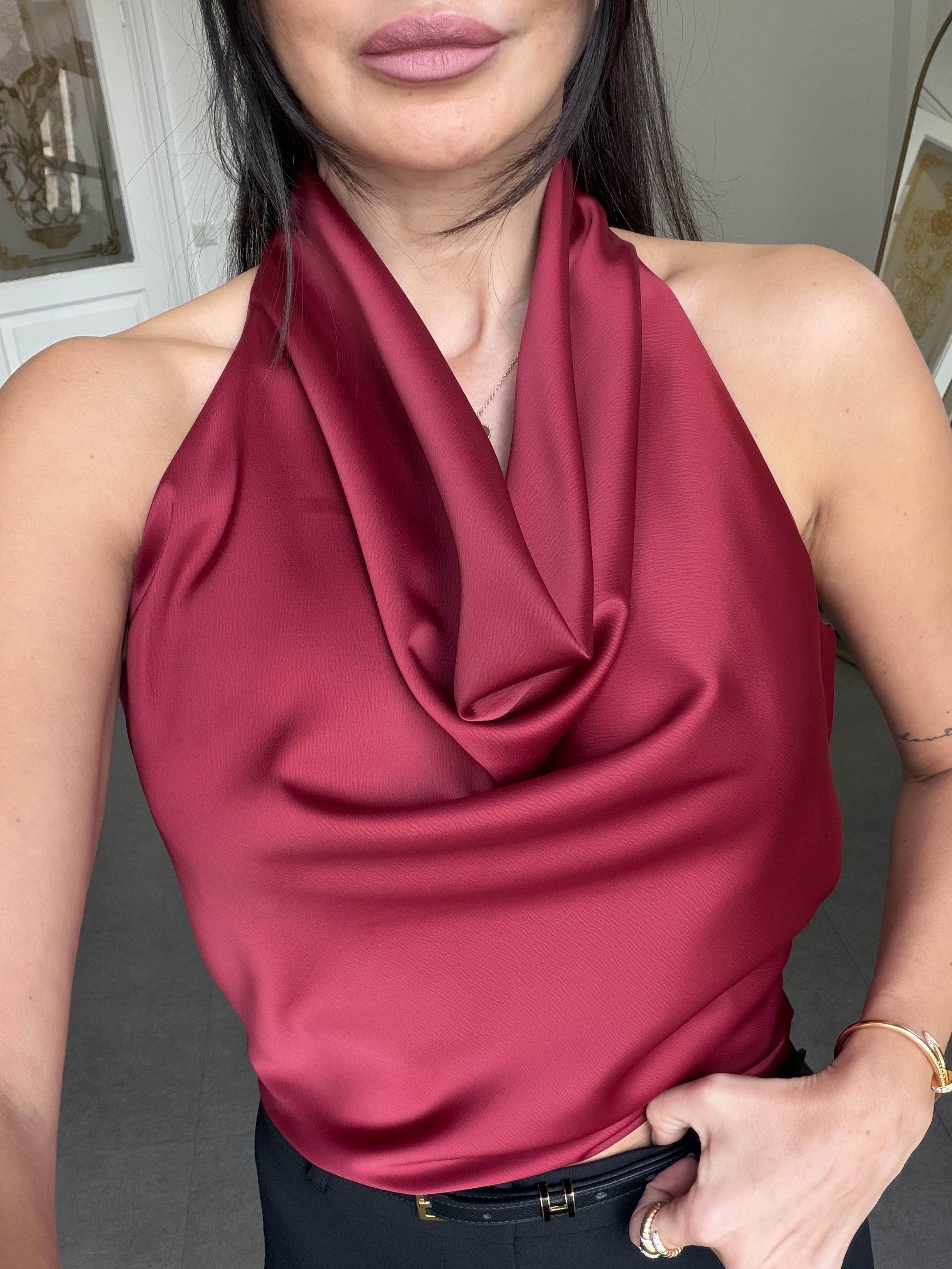 Bordo Degaje Yaka Saten Bluz