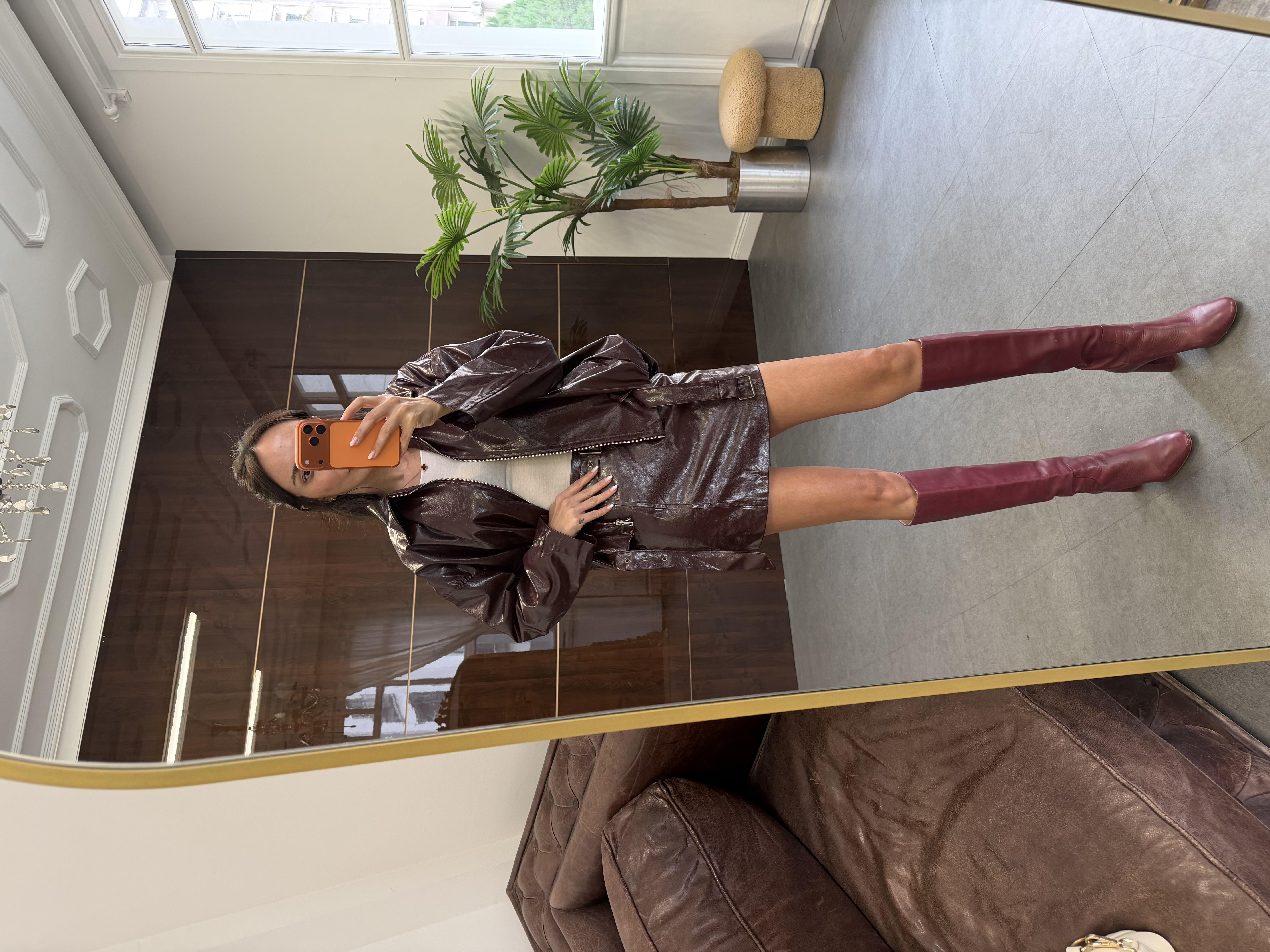 Bordo Deri Etekli Ceket Takım