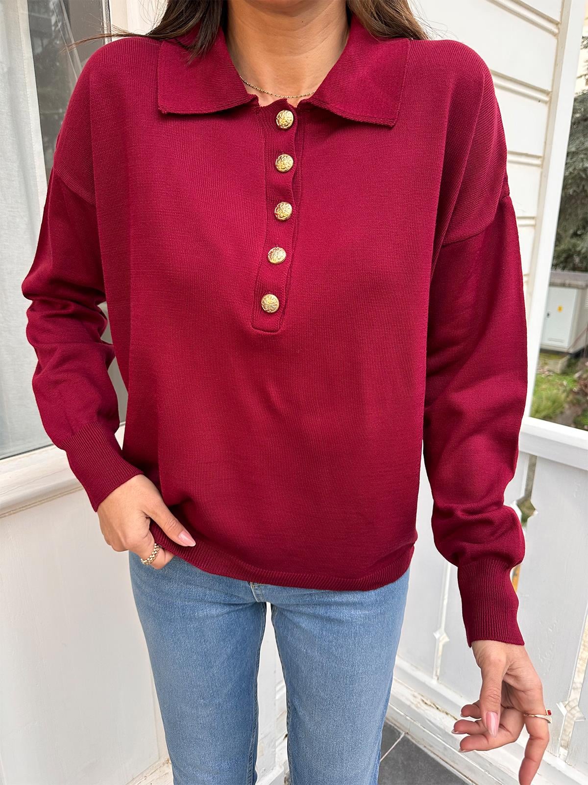 Bordo Düğmeli Polo Yaka Kazak