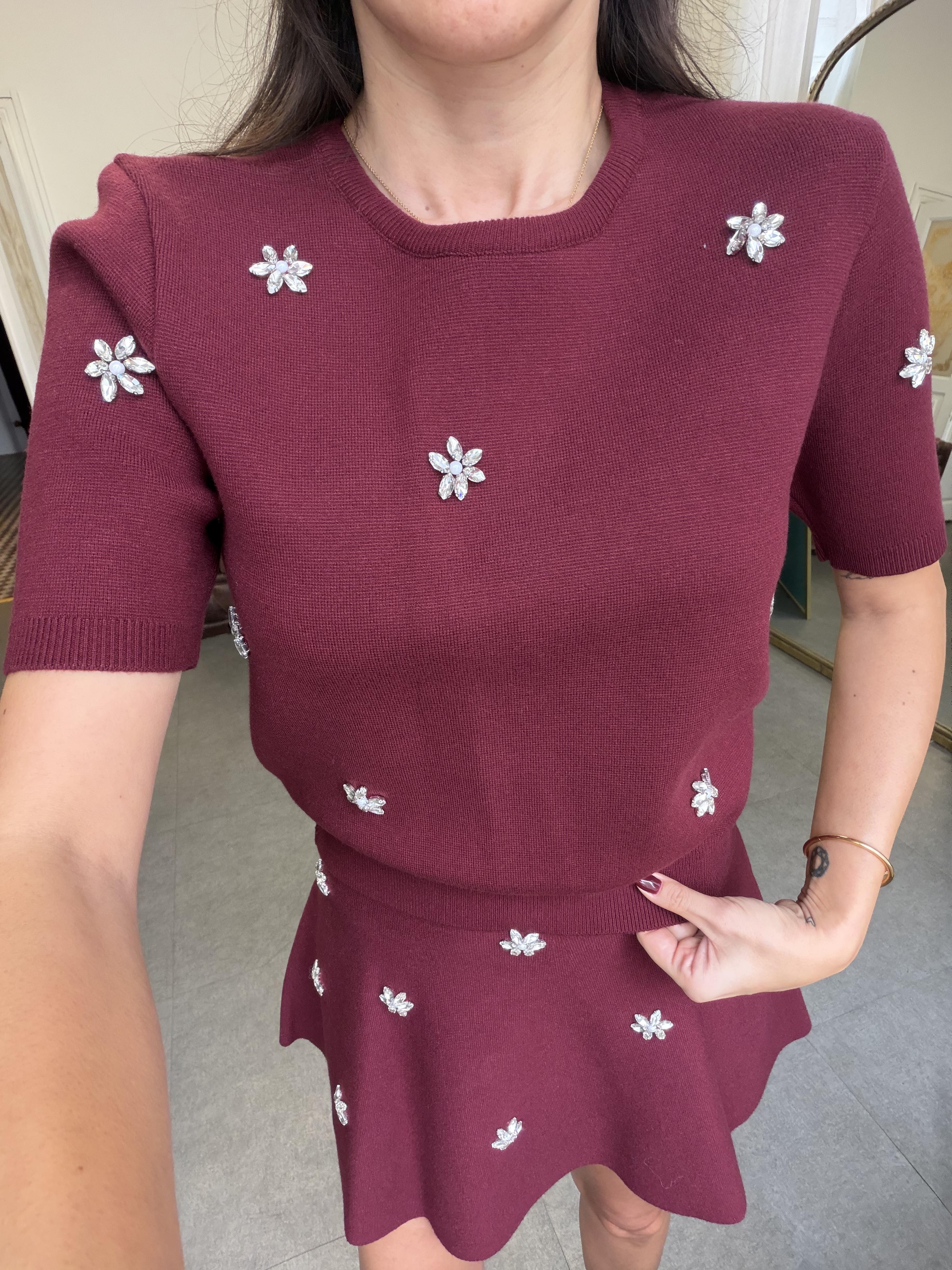 Bordo El İşi Taş İnci Nakışlı Triko Takım