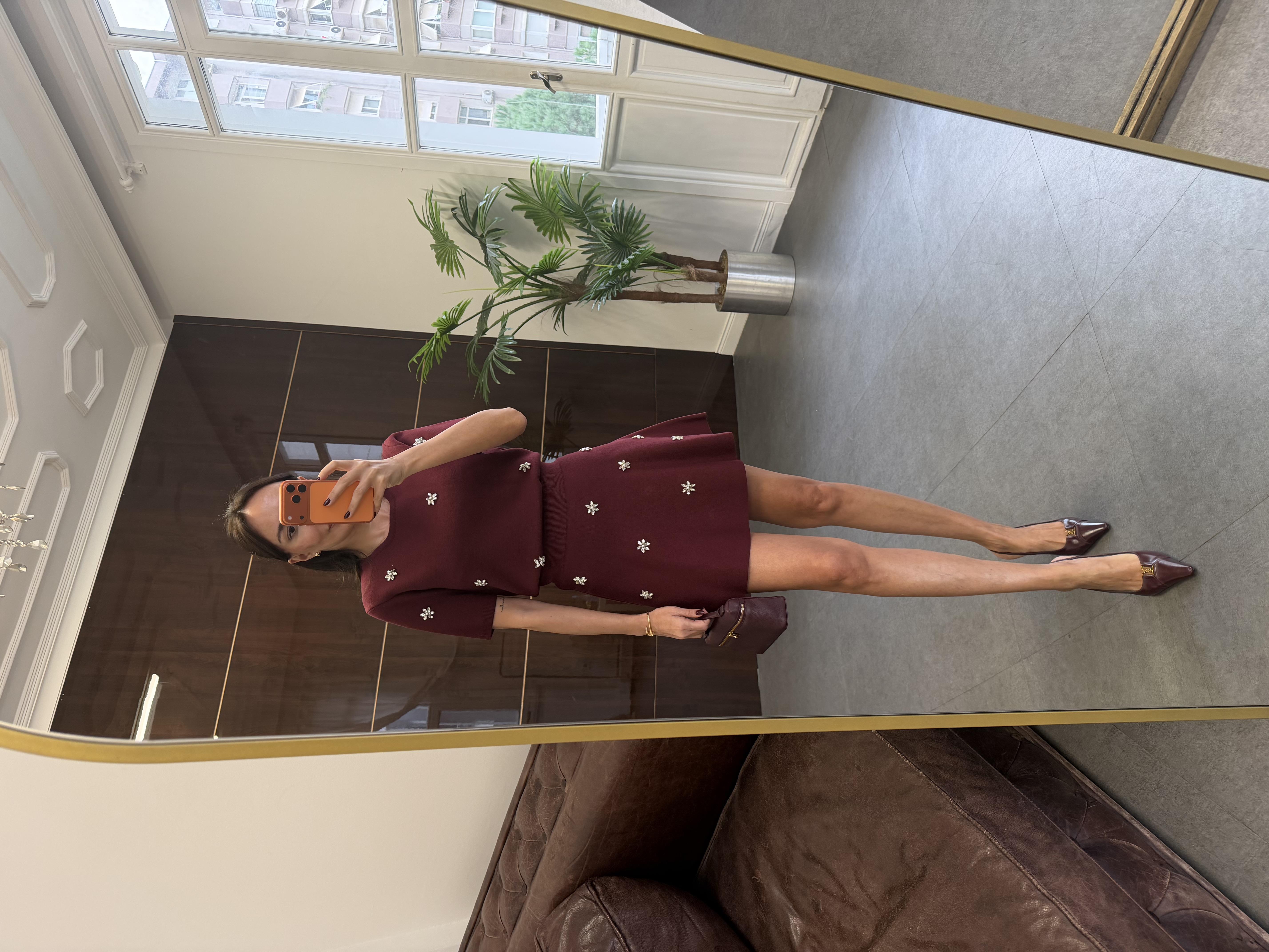 Bordo El İşi Taş İnci Nakışlı Triko Takım