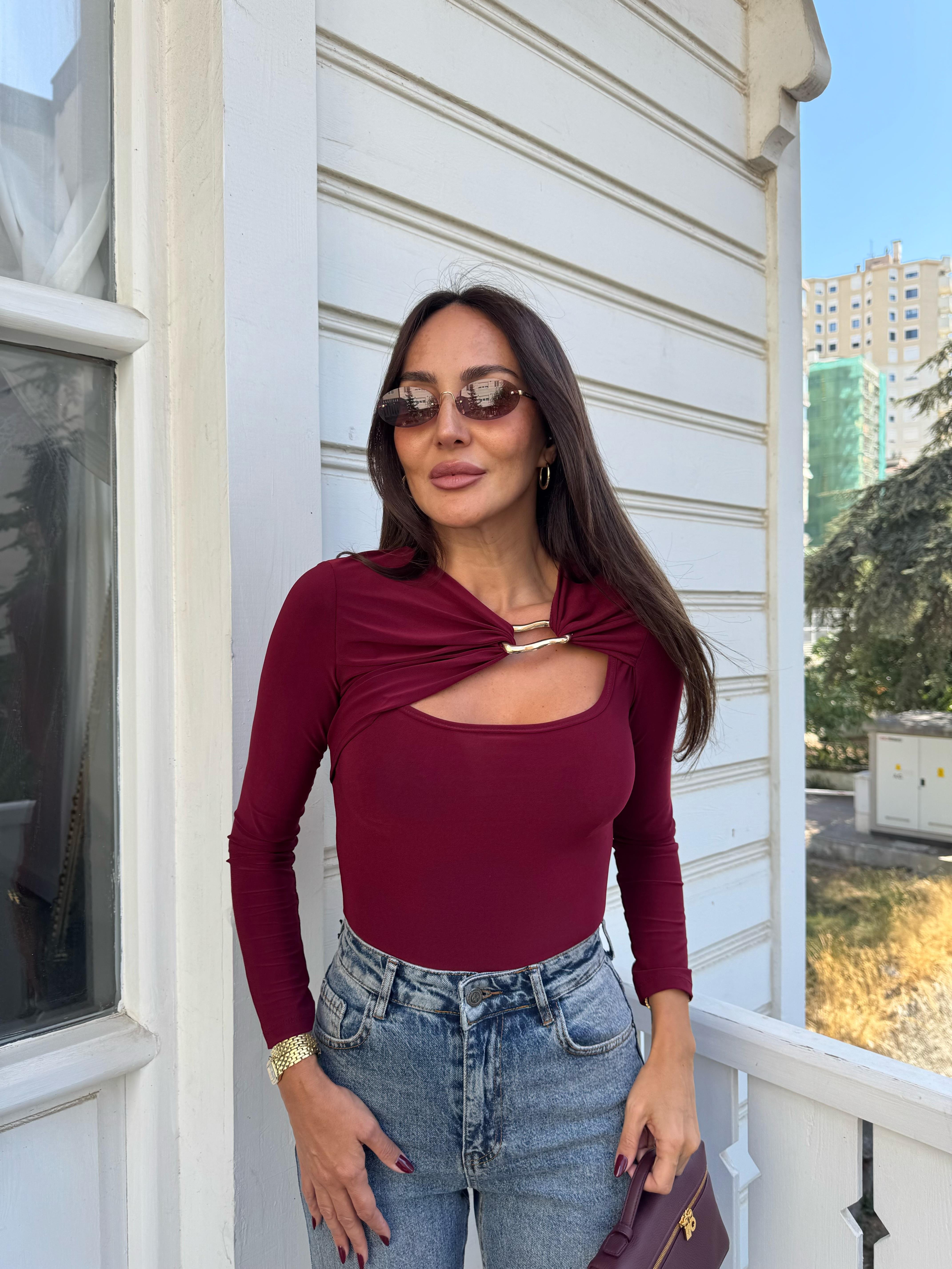 Bordo Gold Tokalı Bluz