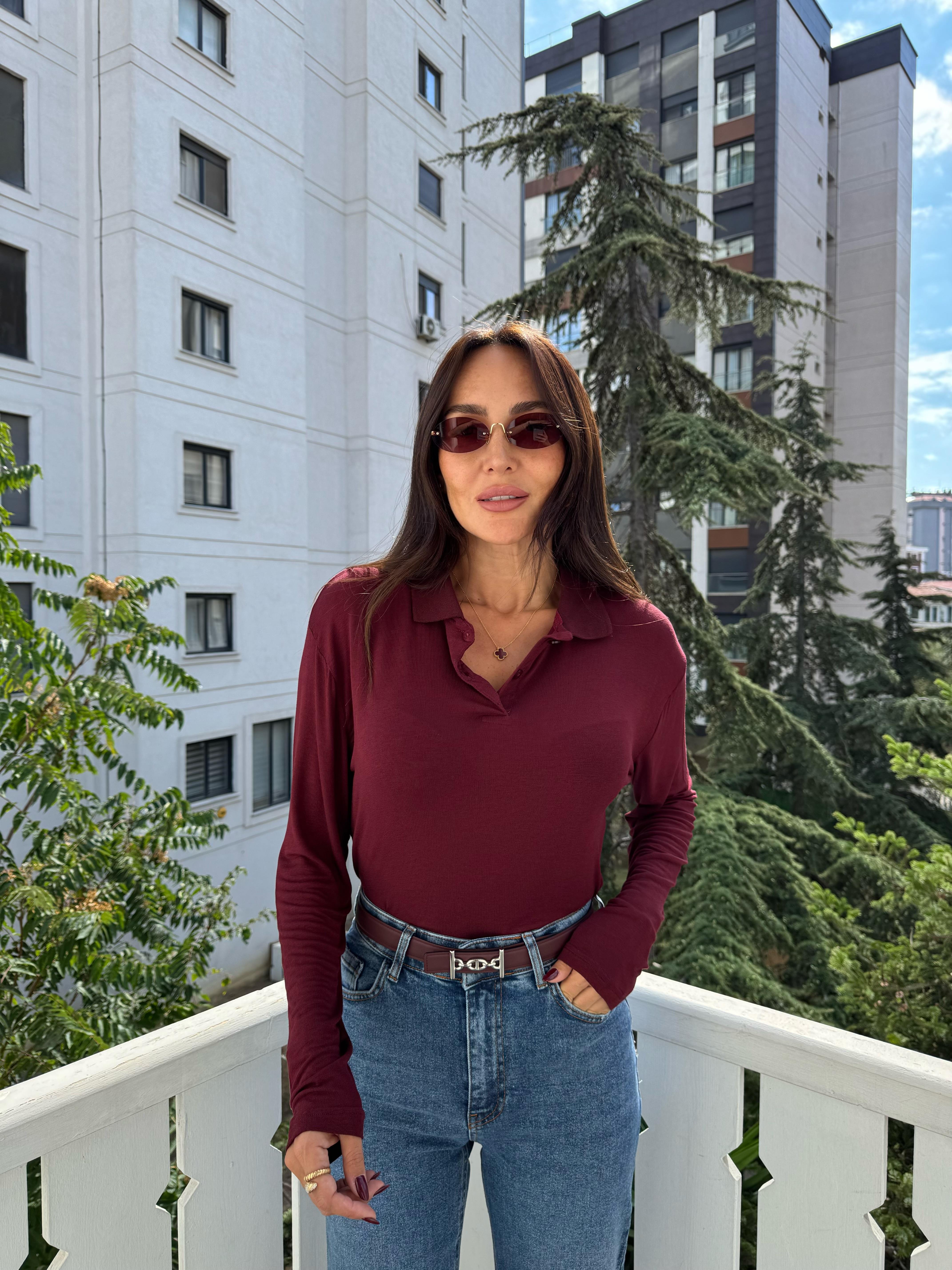 Bordo İnce Doku Polo Yaka Bluz