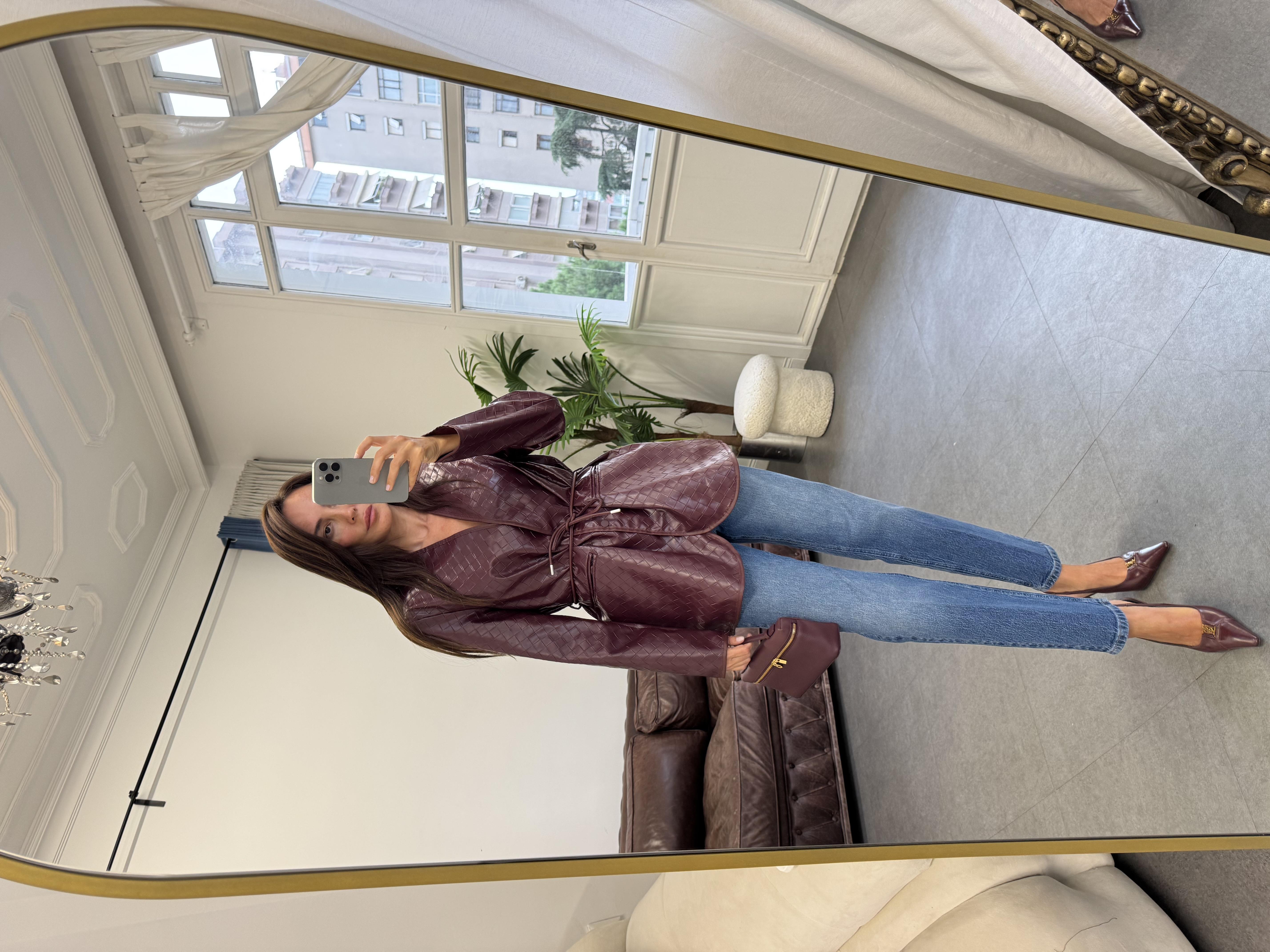 Bordo Botte Bağlamalı Deri Blazer Ceket