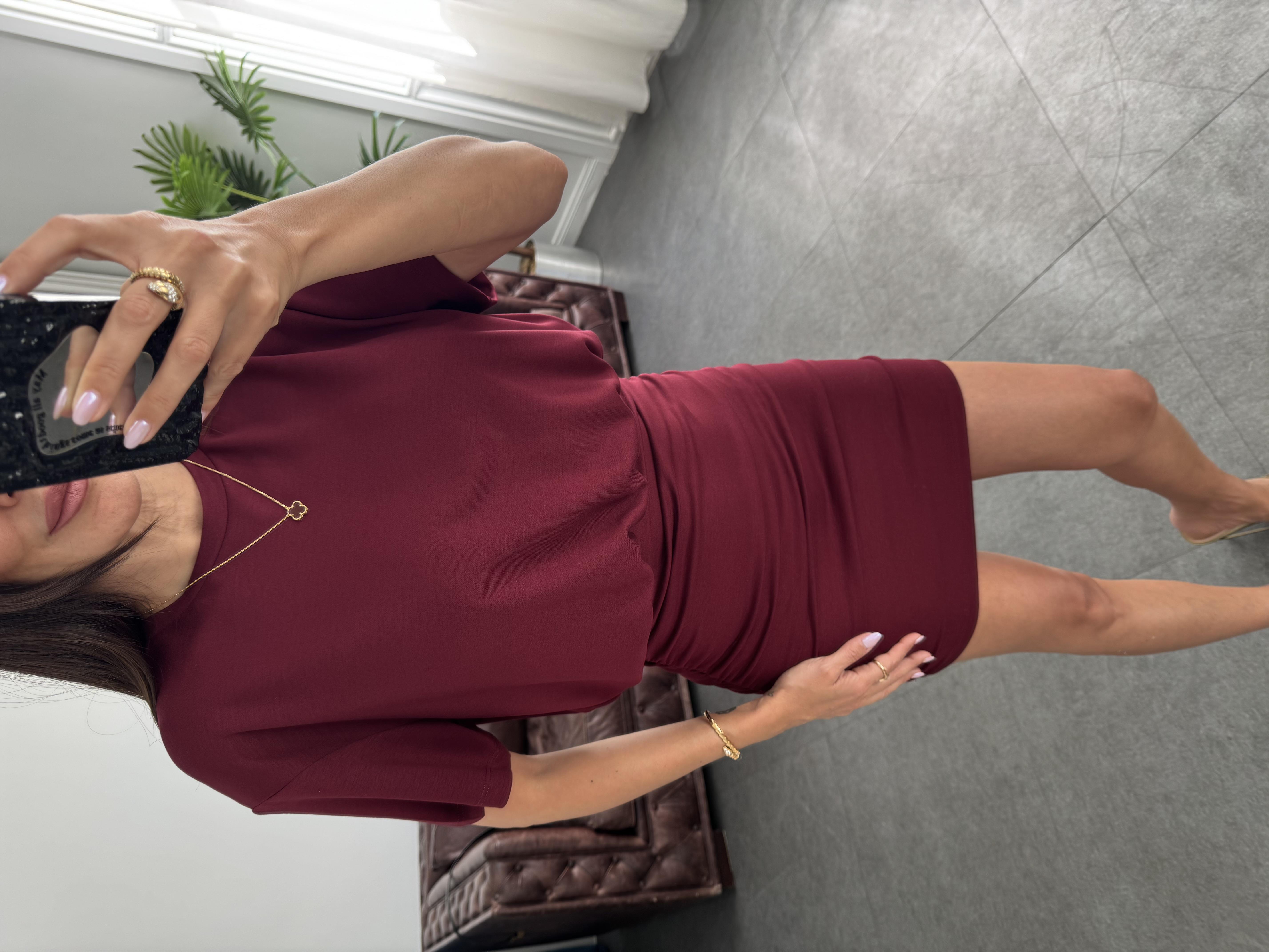 Bordo Kısa Kollu Drapeli Cotton Elbise