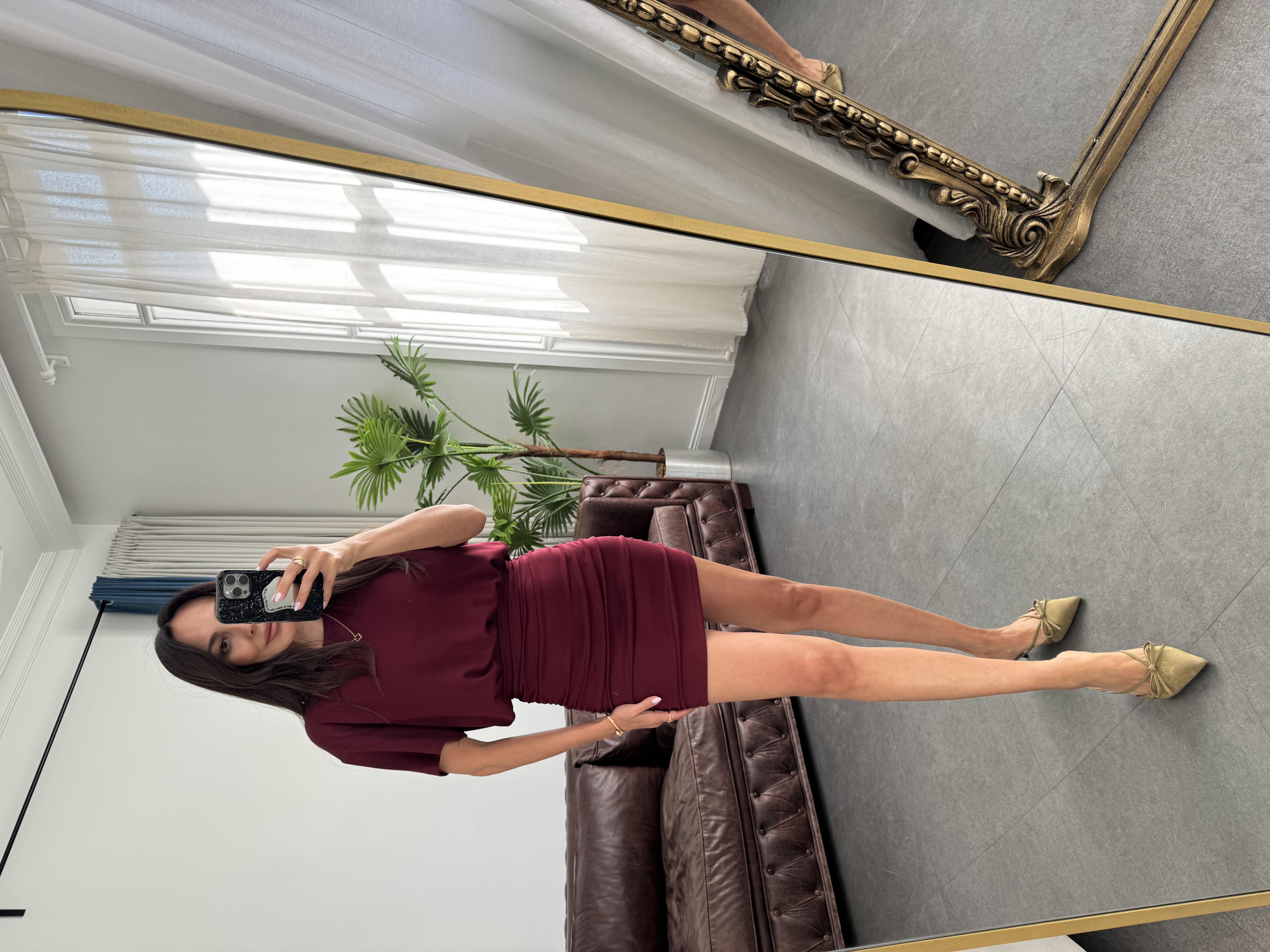 Bordo Kısa Kollu Drapeli Cotton Elbise
