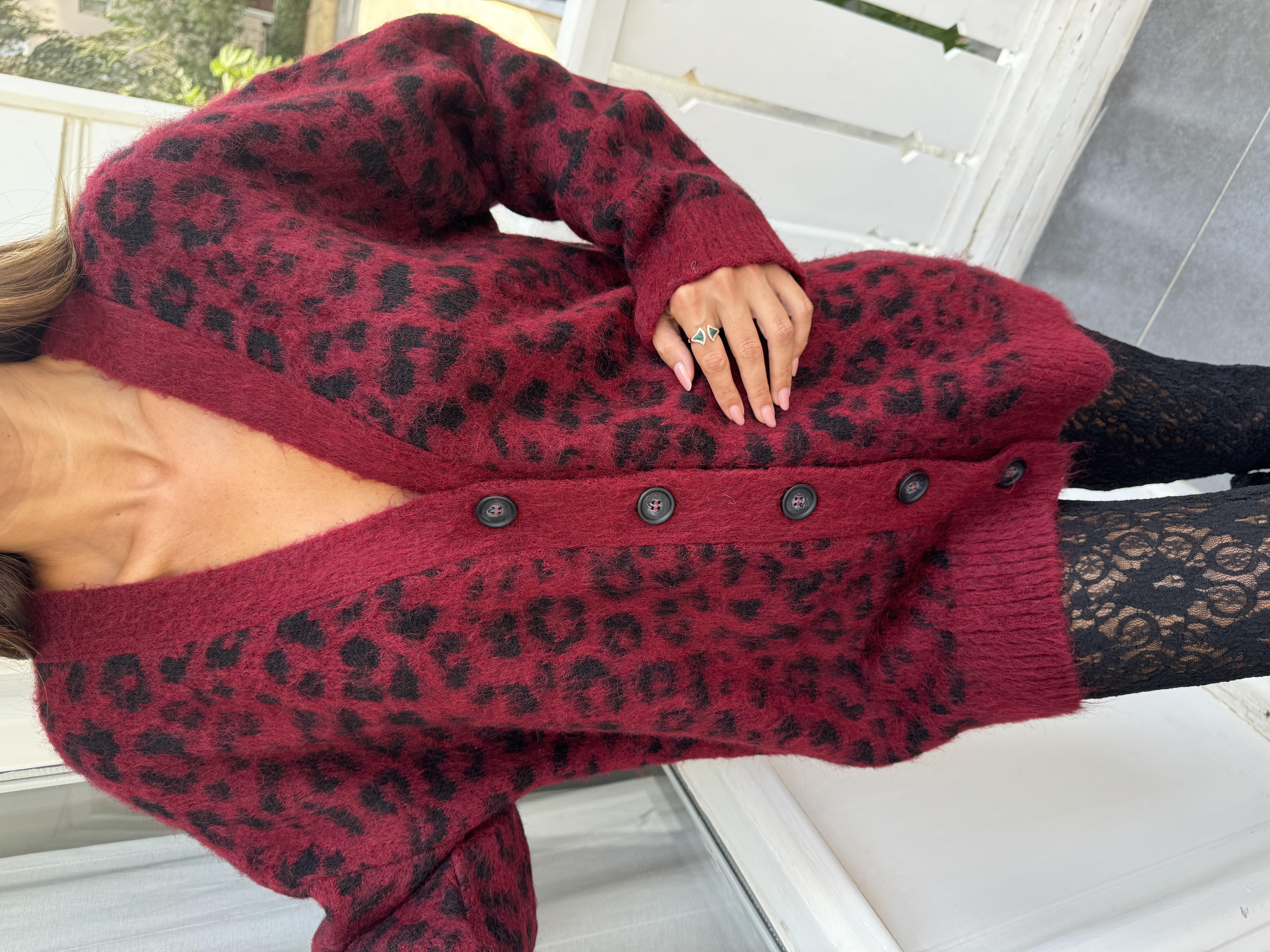 Bordo Leopar Desen Şardonlu Düğmeli Triko Hırka