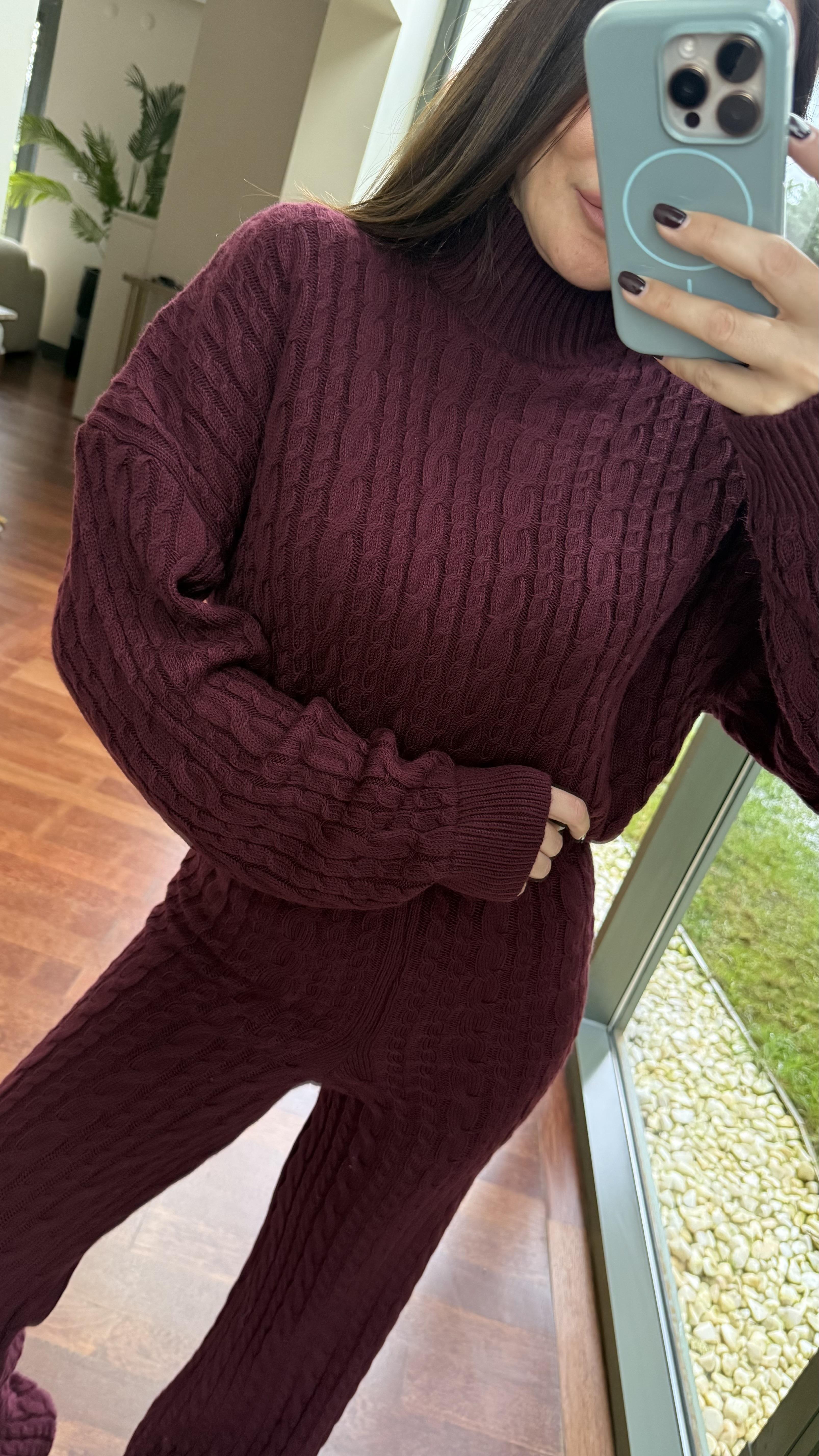 Bordo Saç Örgülü Pantolonlu Takım