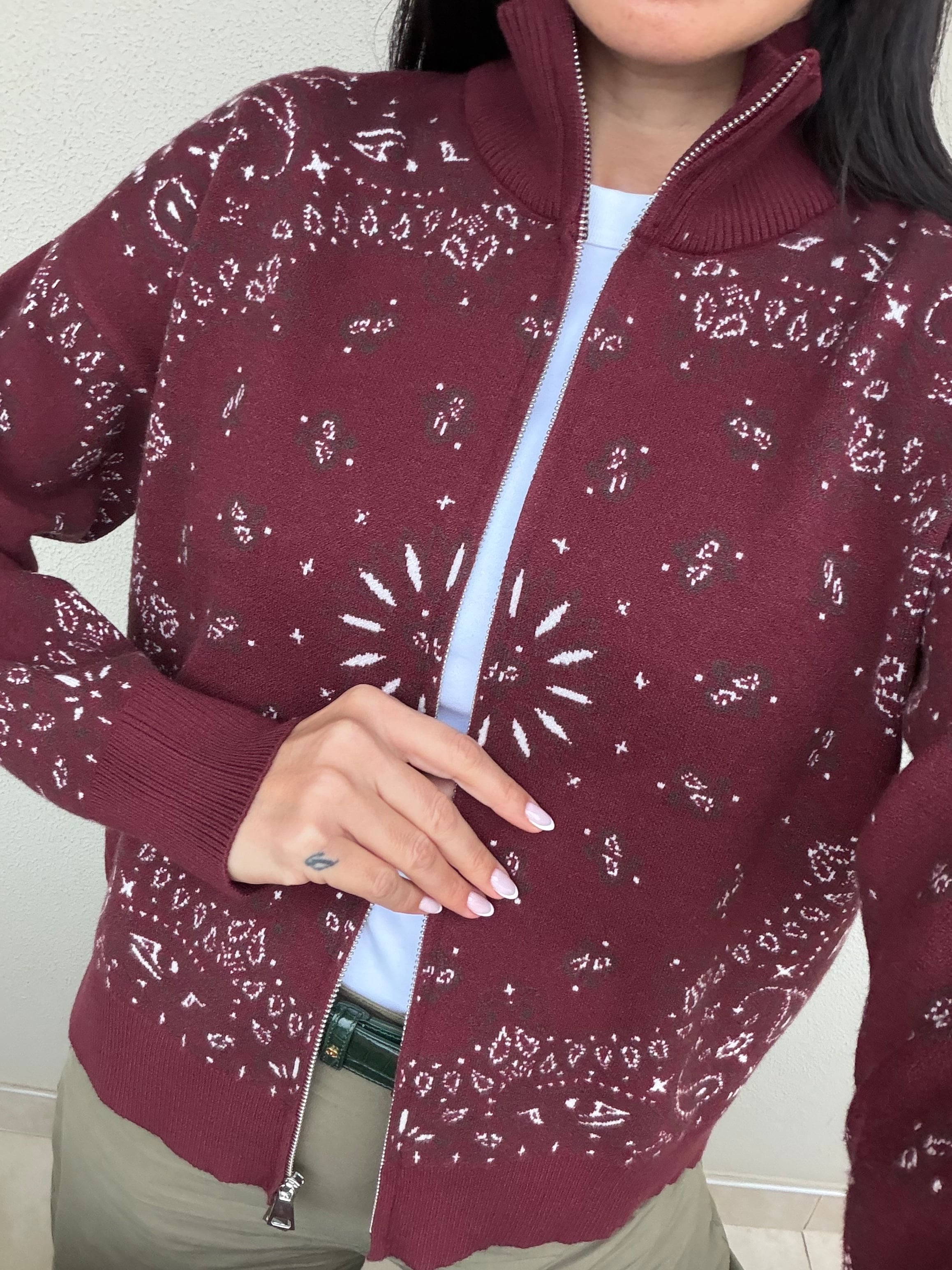 Bordo Şal Desen Fermuarlı Triko Hırka