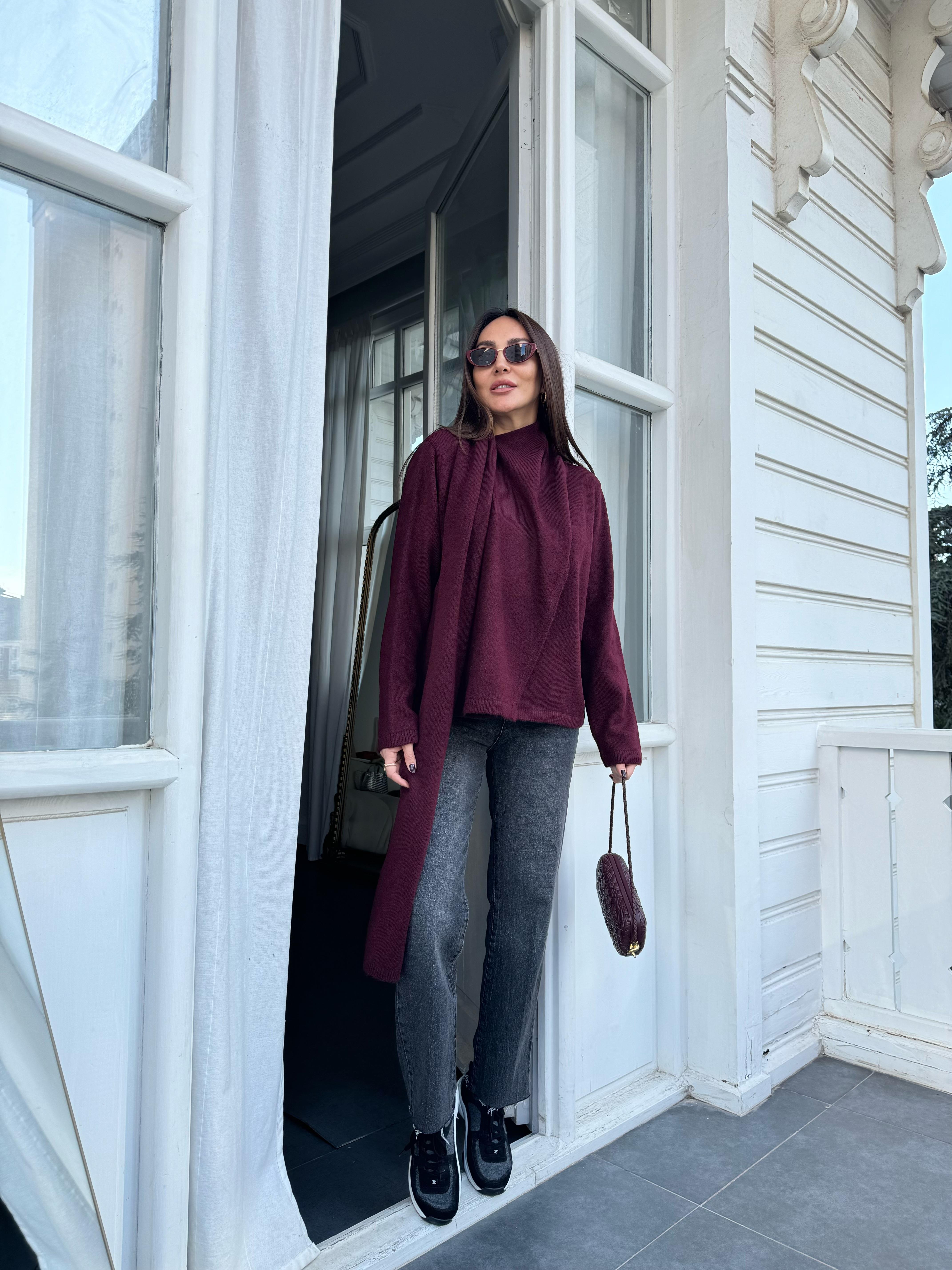Bordo Şal Tasarımlı Kazak
