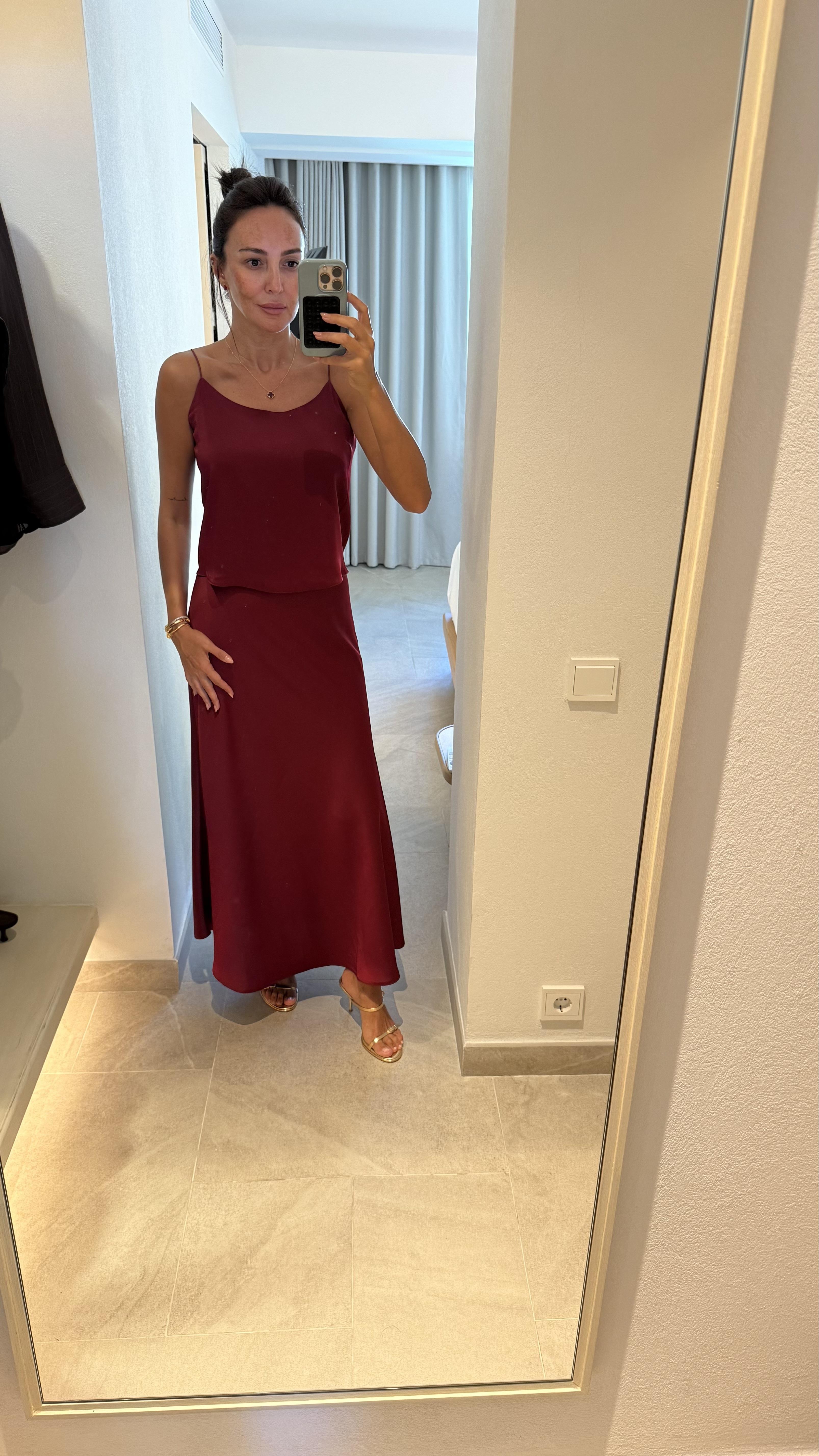 Bordo Saten Etek Bluz İkili Takım