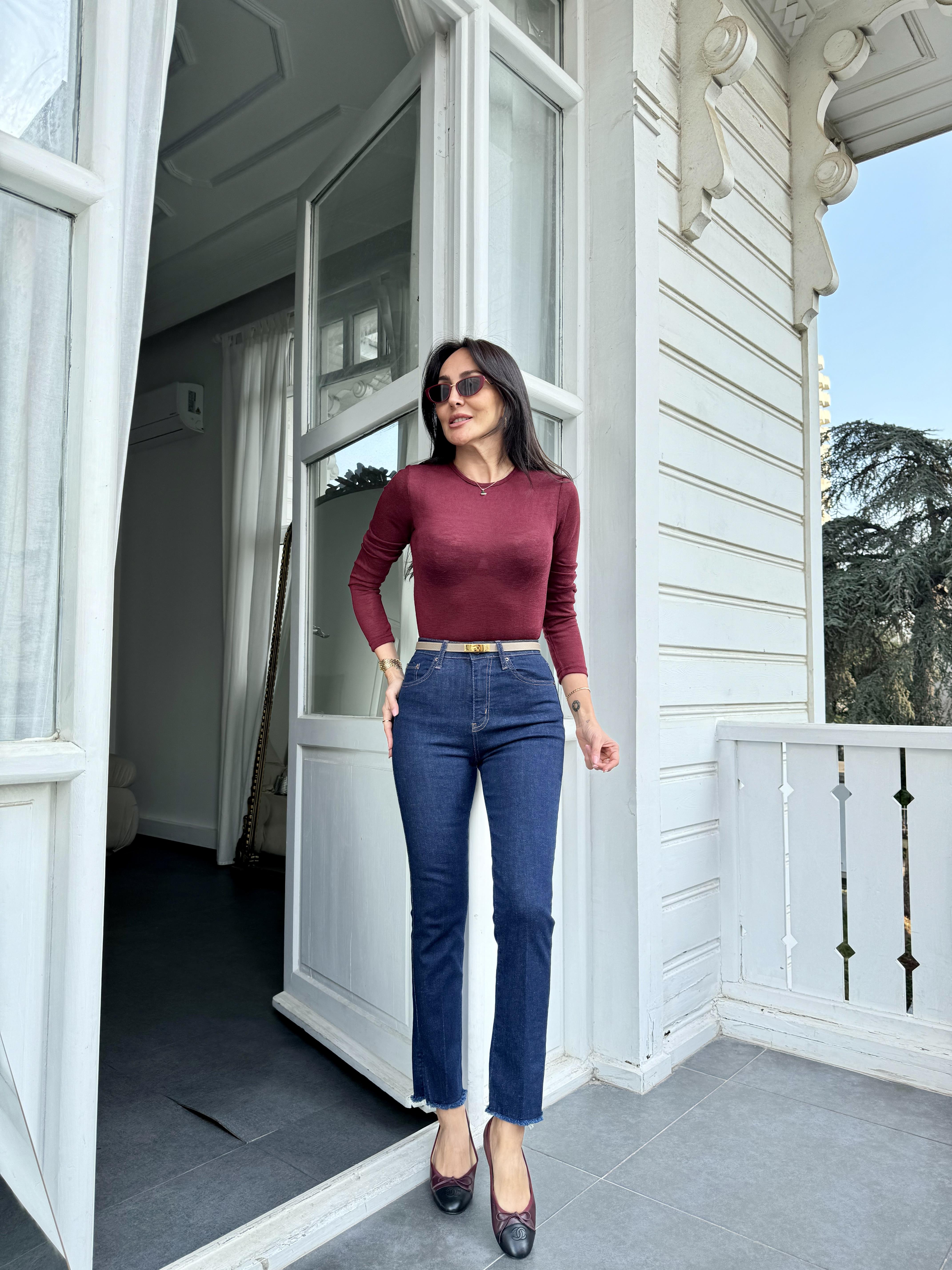 Bordo Sıfır Yaka Yarı Transparan Bluz