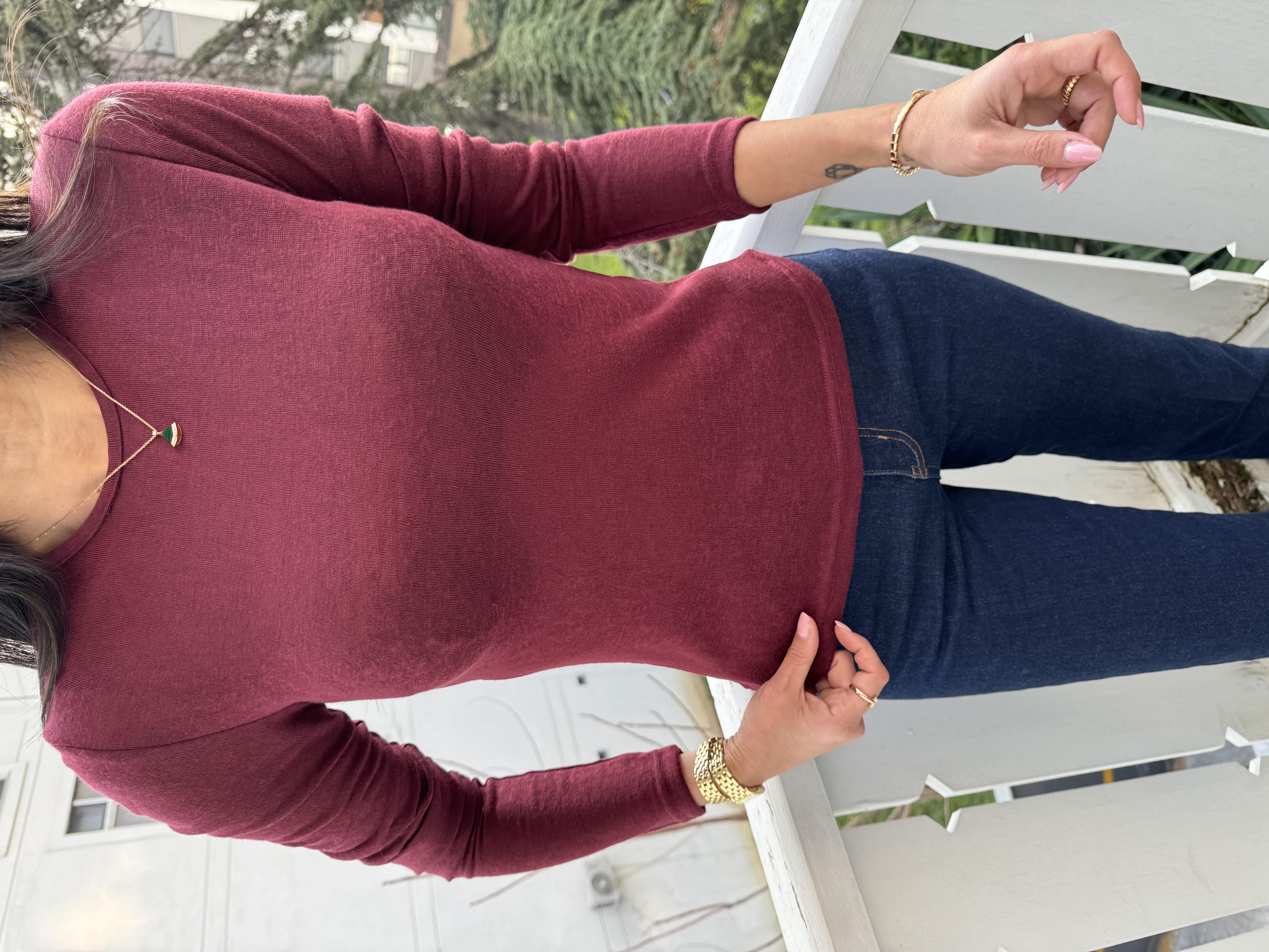 Bordo Sıfır Yaka Yarı Transparan Bluz