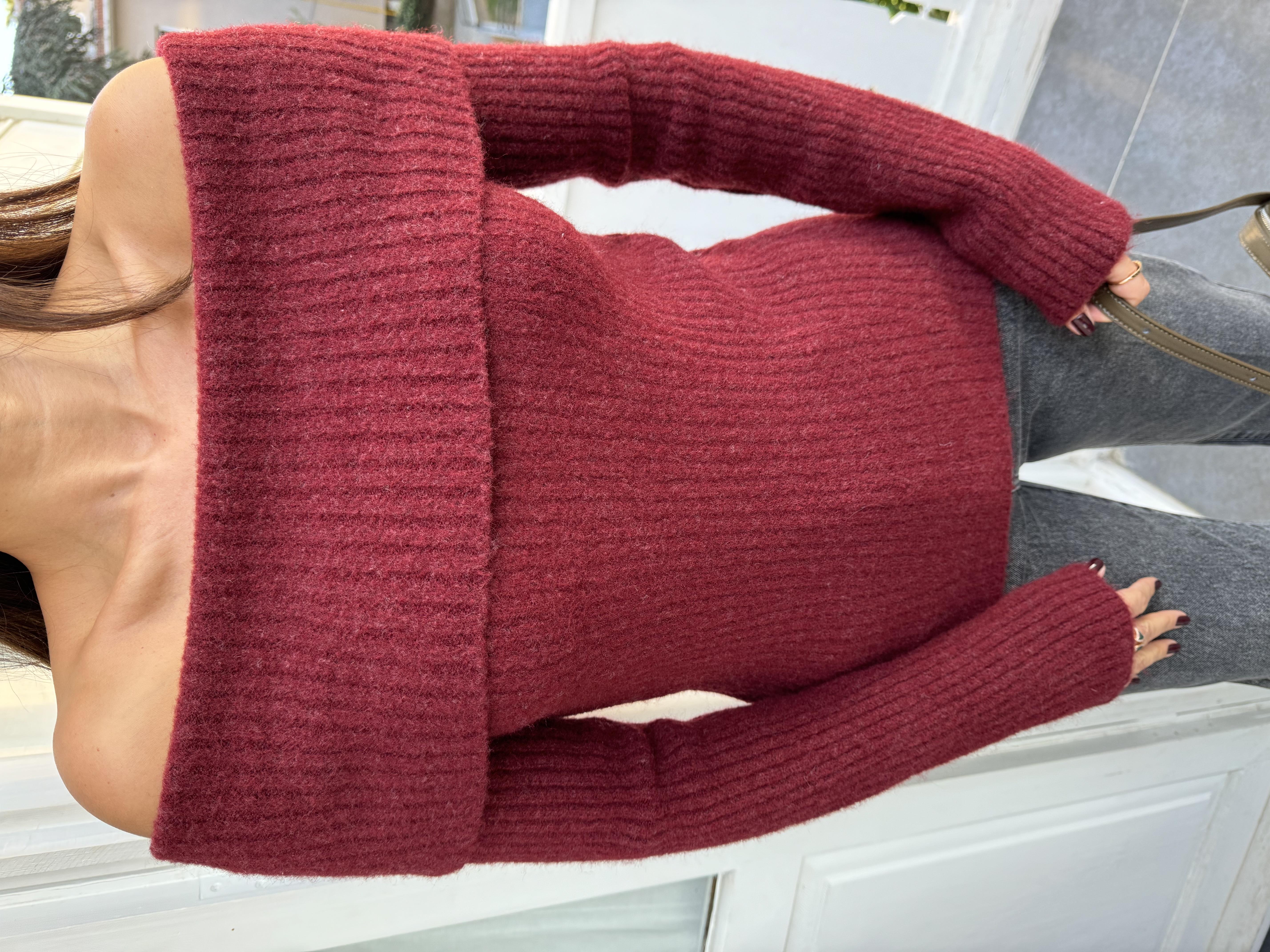 Bordo Soft Doku Bardot Yaka Fitilli Kazak
