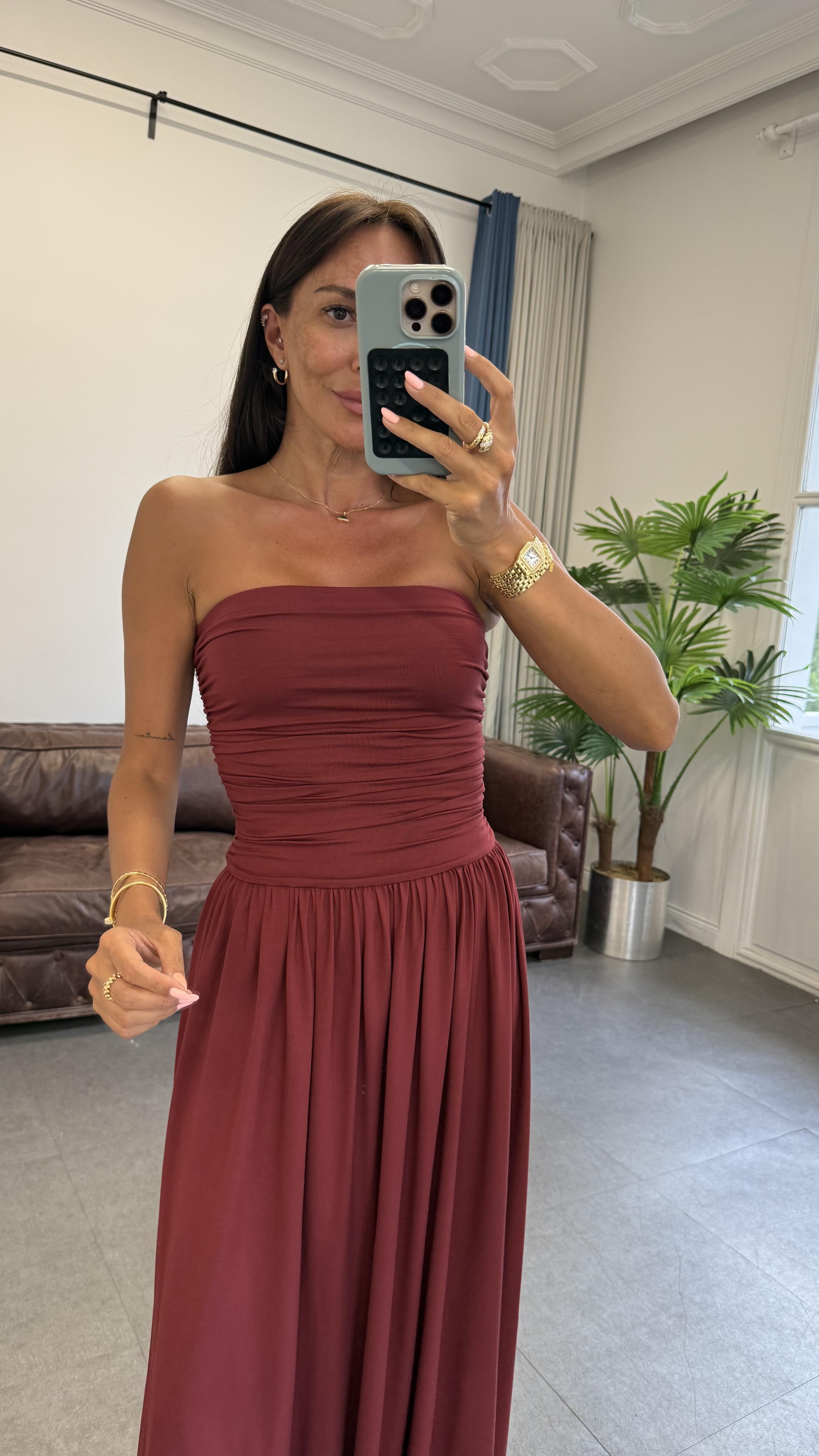 Bordo Straplez Büzgülü Elbise