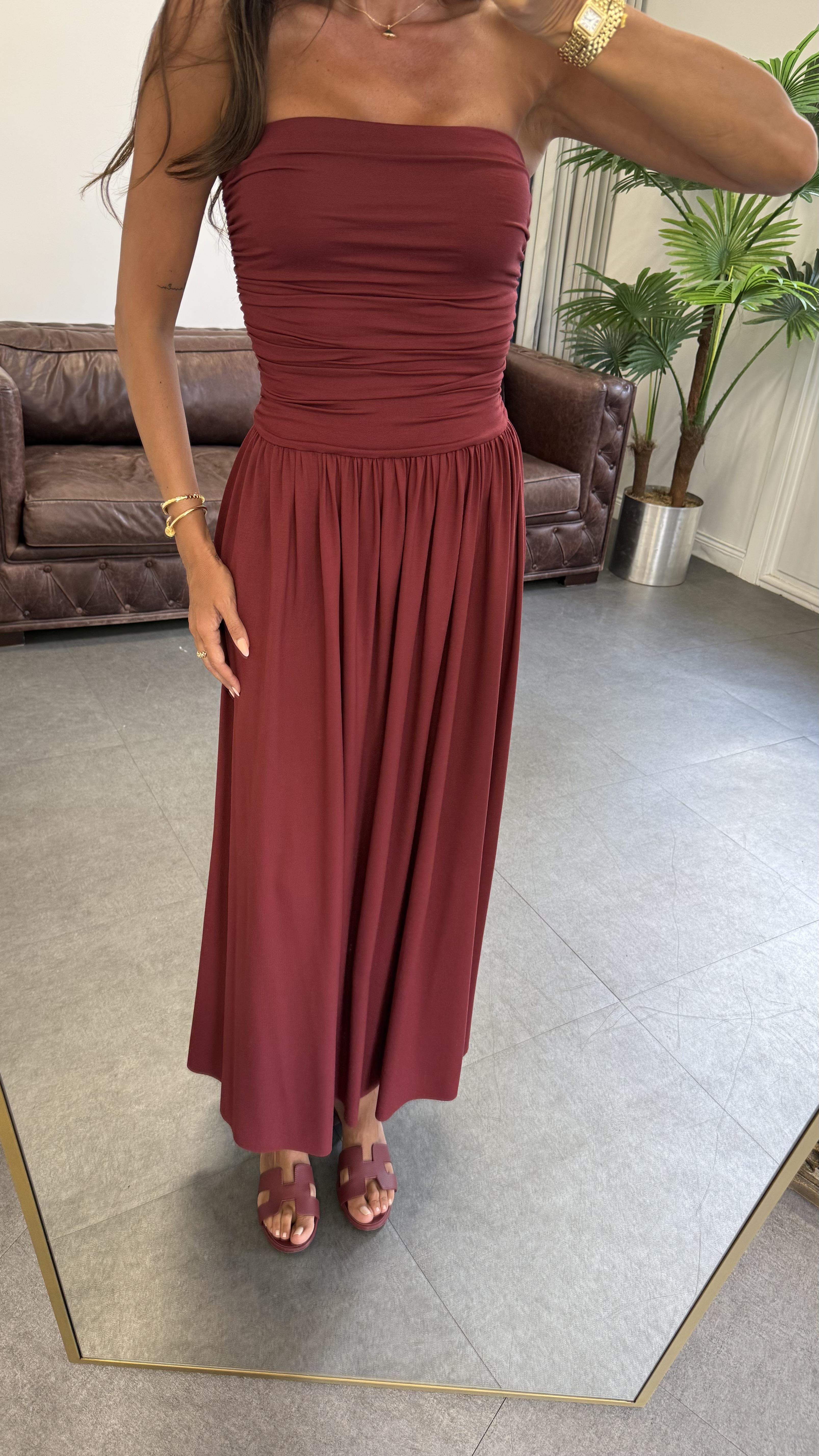 Bordo Straplez Büzgülü Elbise