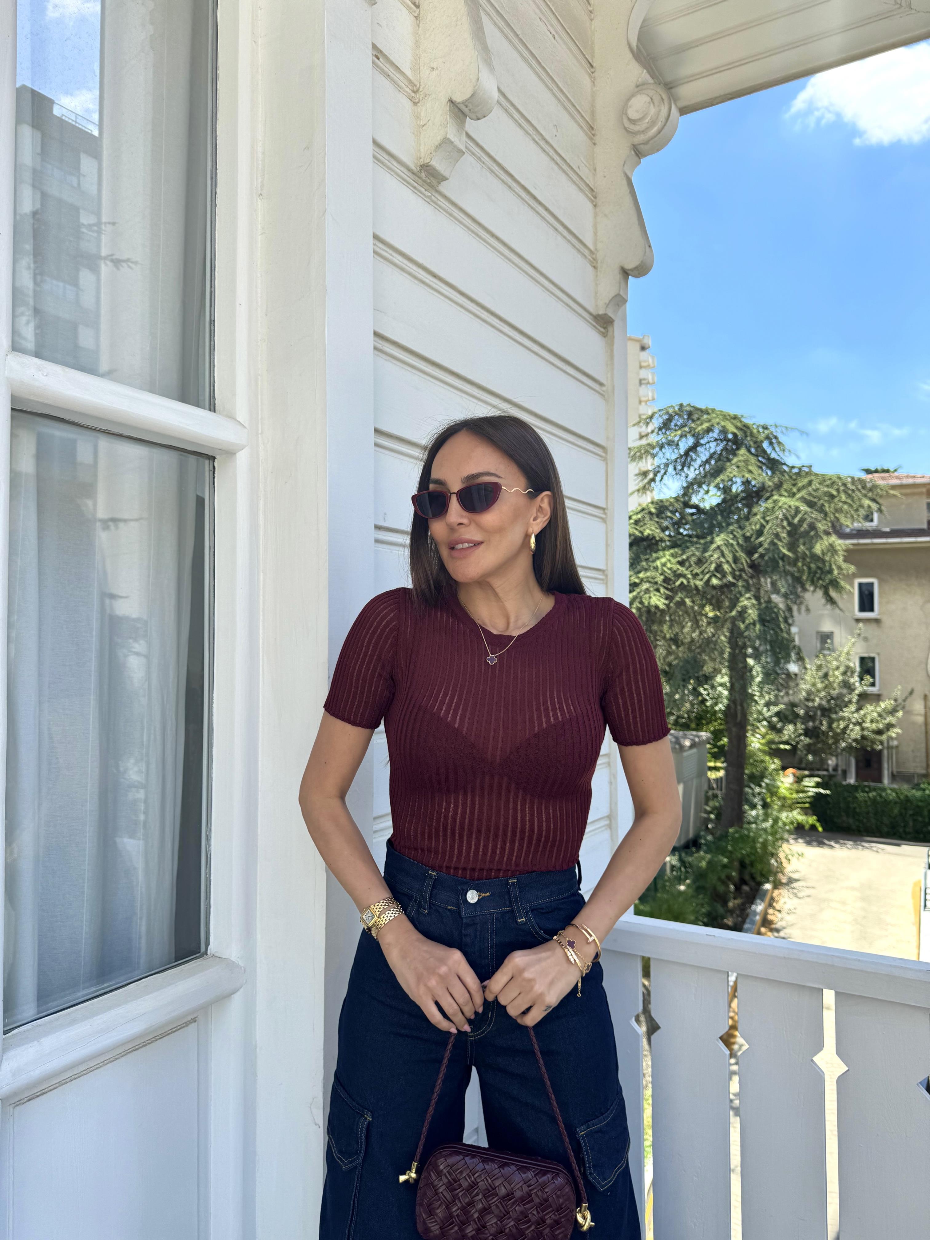 Bordo Transparan Kısa Kollu Bluz