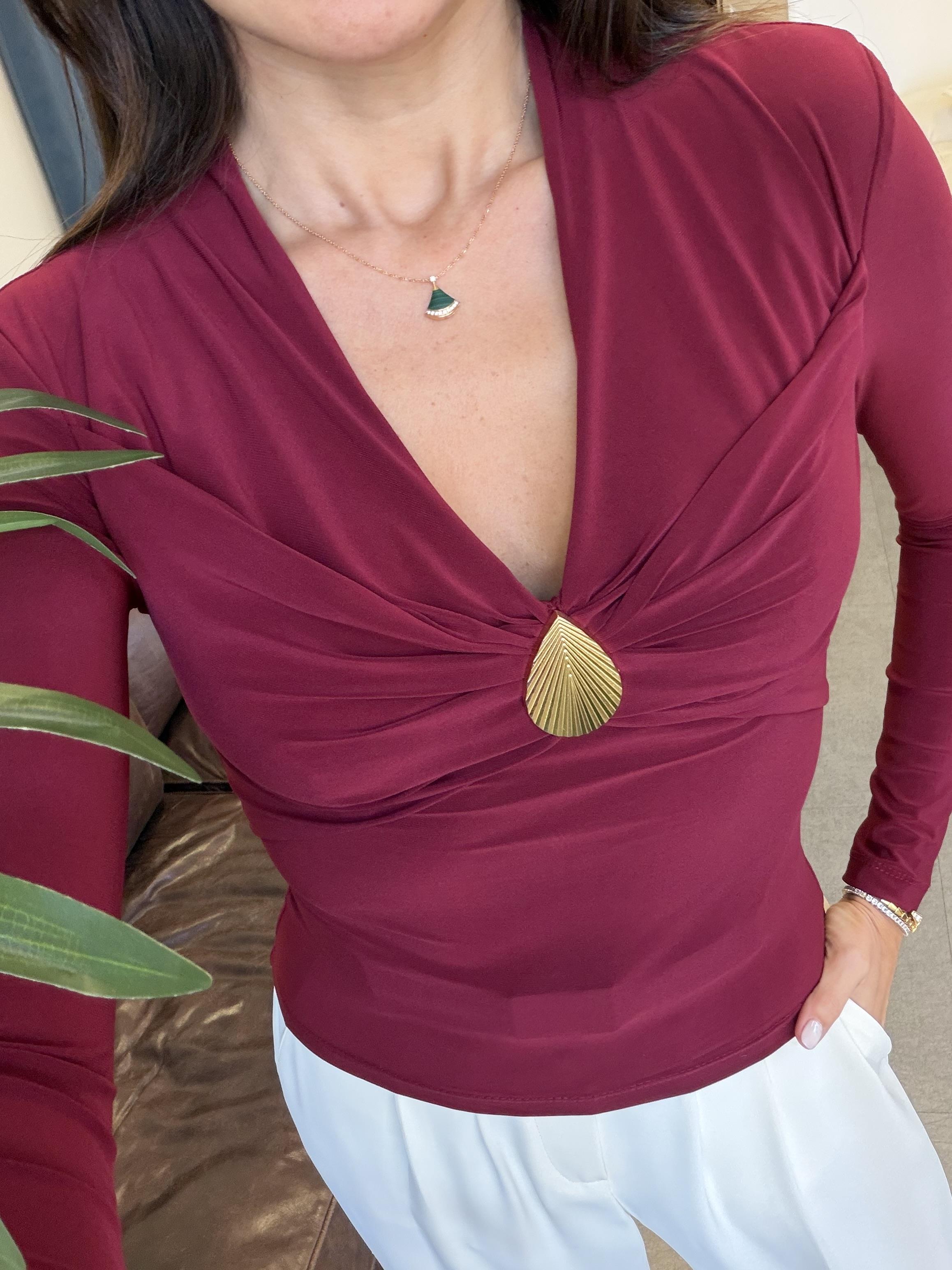 Bordo V Yaka Deniz Kabuklu Bluz