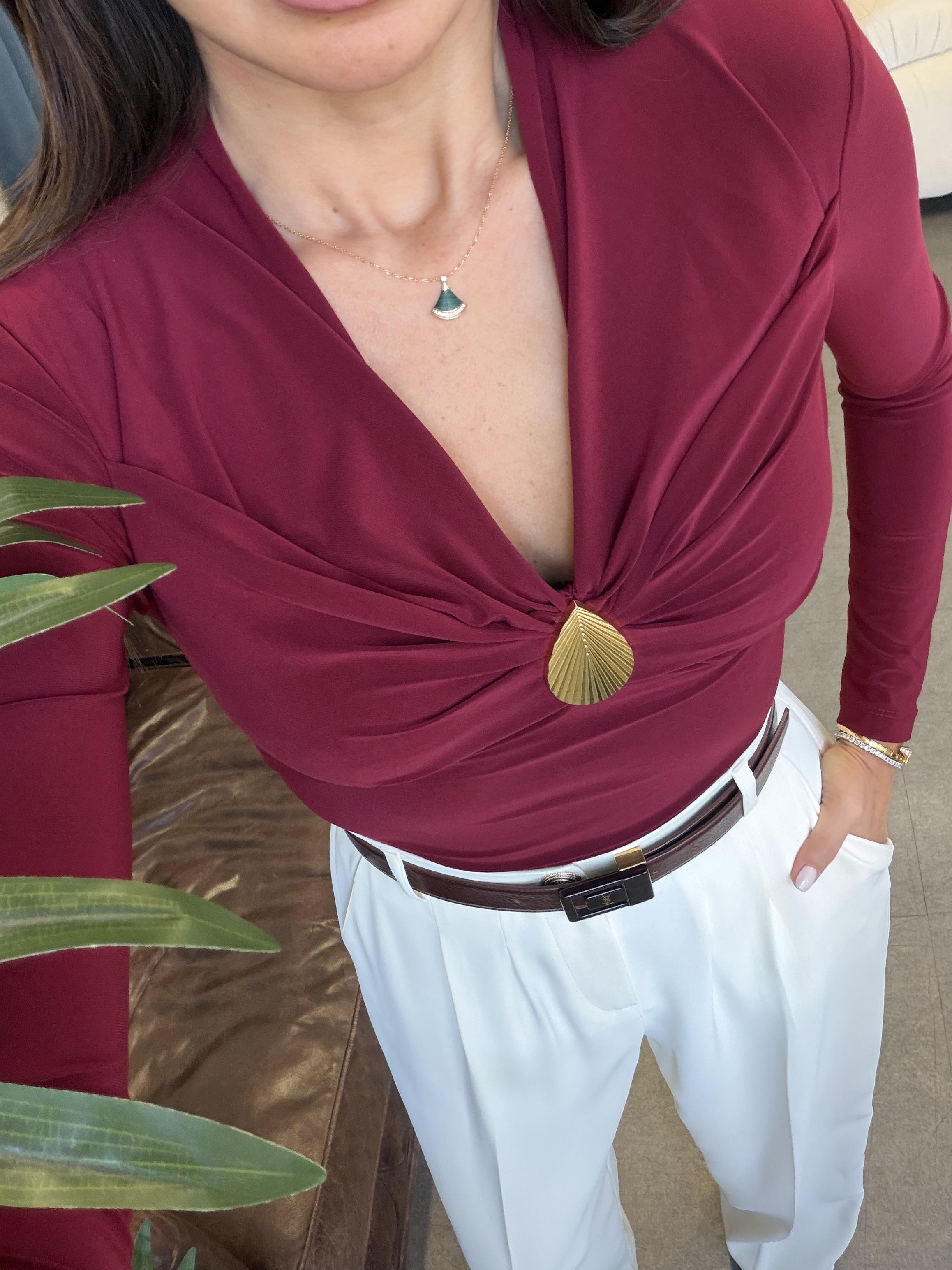 Bordo V Yaka Deniz Kabuklu Bluz