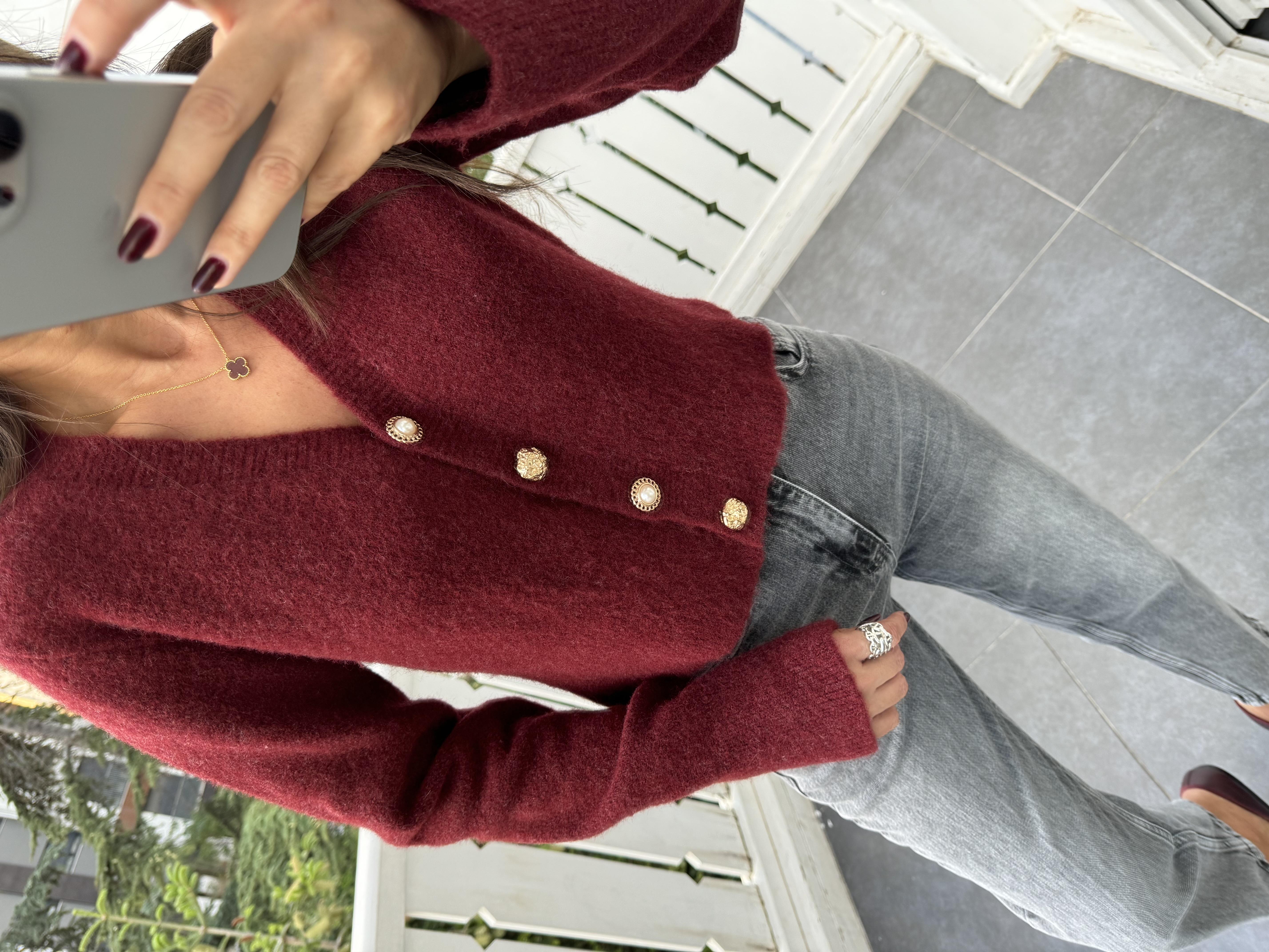 Bordo V Yaka Düğmeli Triko Hırka