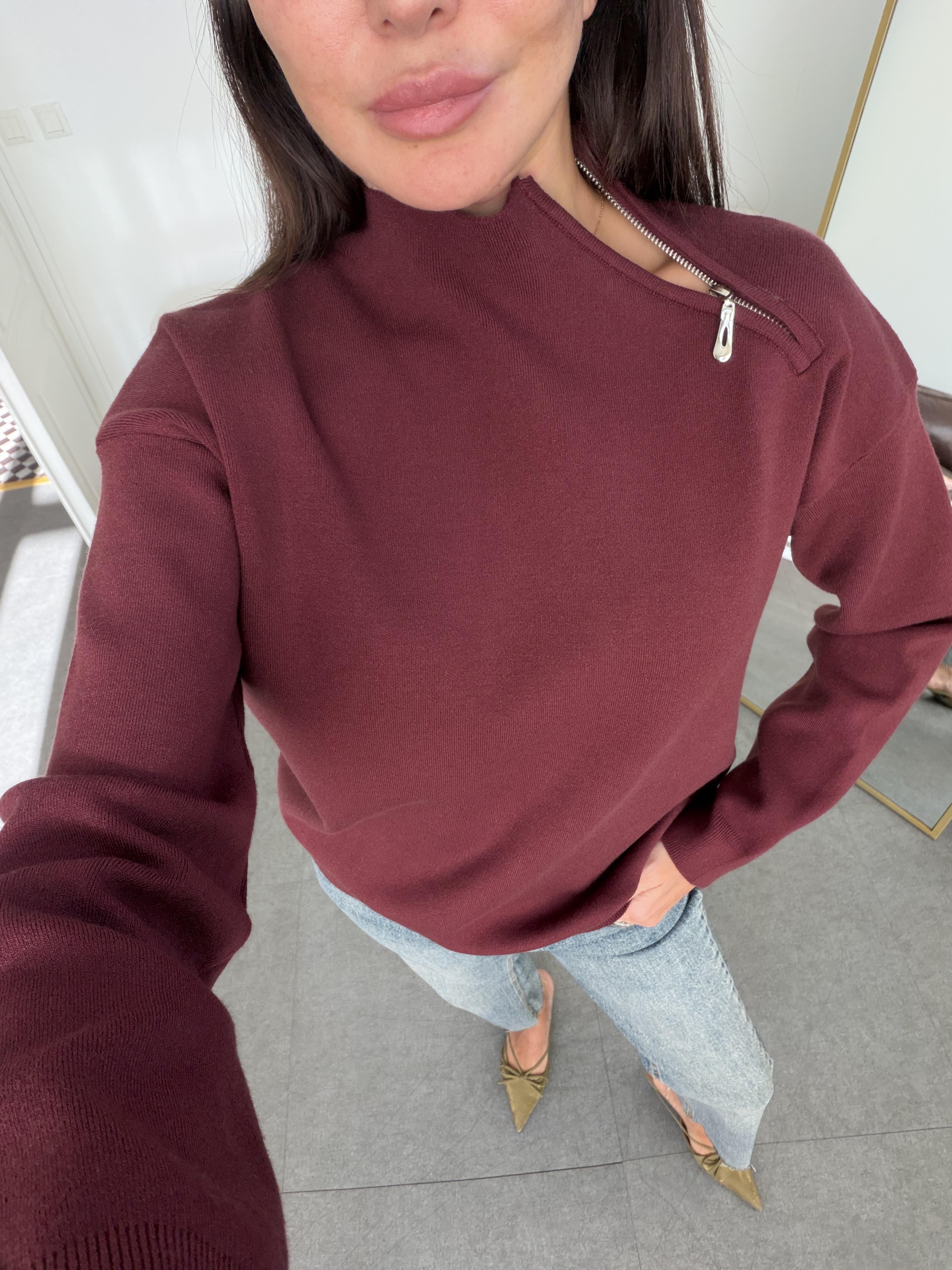 Bordo Yaka Fermuarlı Çelik Örme Triko